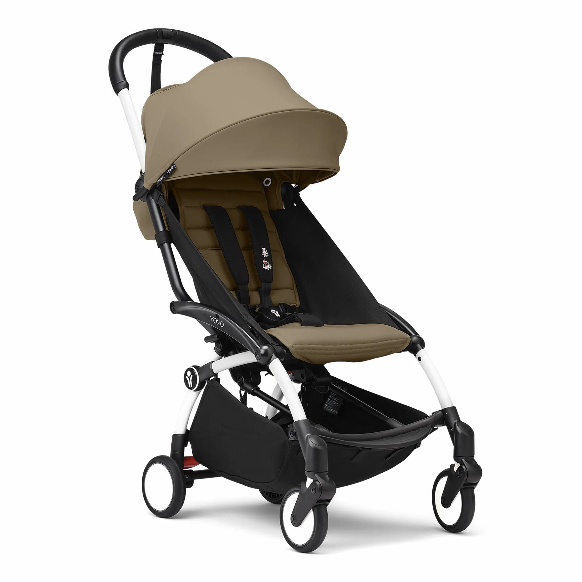 Passeggino Stokke YOYO3 6 mesi Telaio Bianco Cuscino Seduta Toffee Capottina Leggero Compatto Bagaglio a Mano