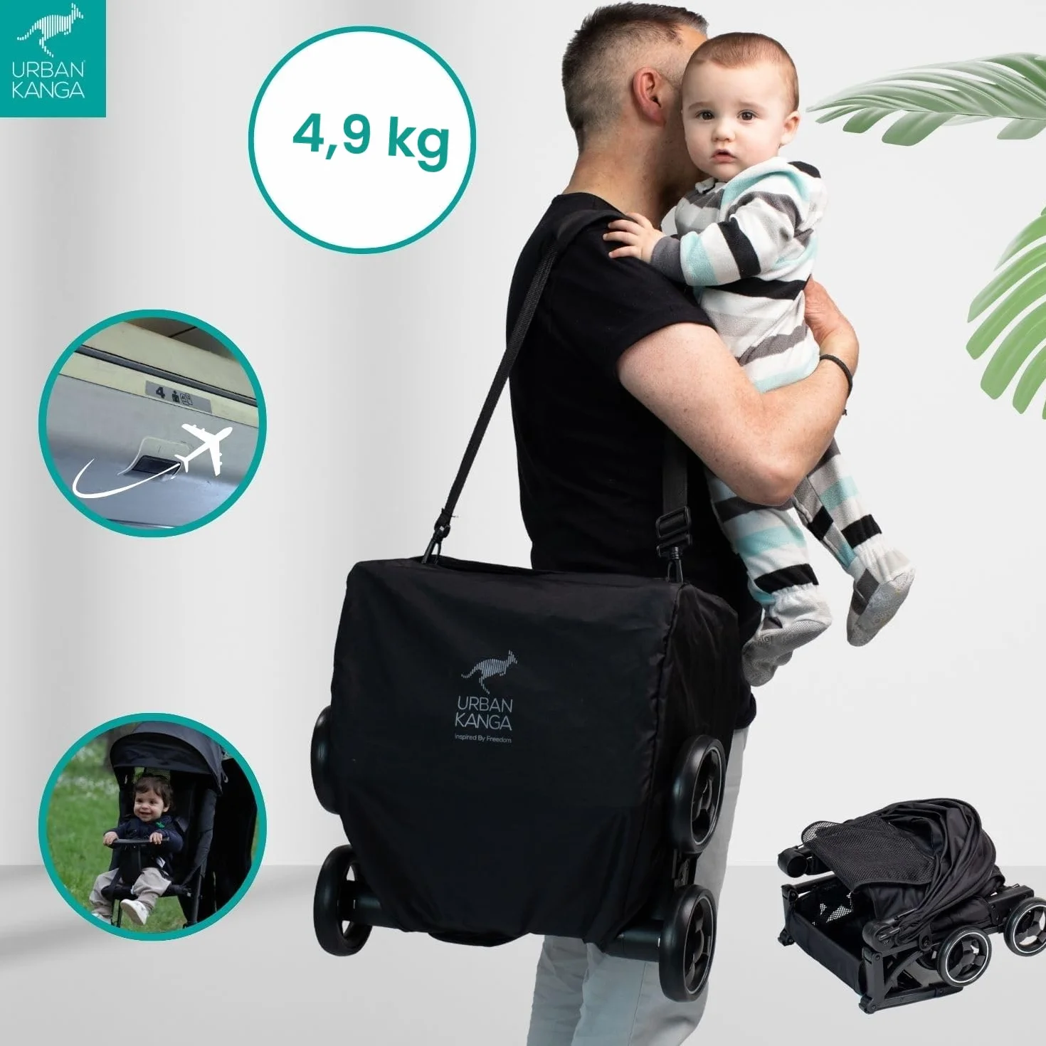 Urban Kanga Bandicoot Passeggino da Viaggio Ultraleggero Pieghevole Compatto fino a 22 kg con Tracolla Copertura Protettiva Midnight Black