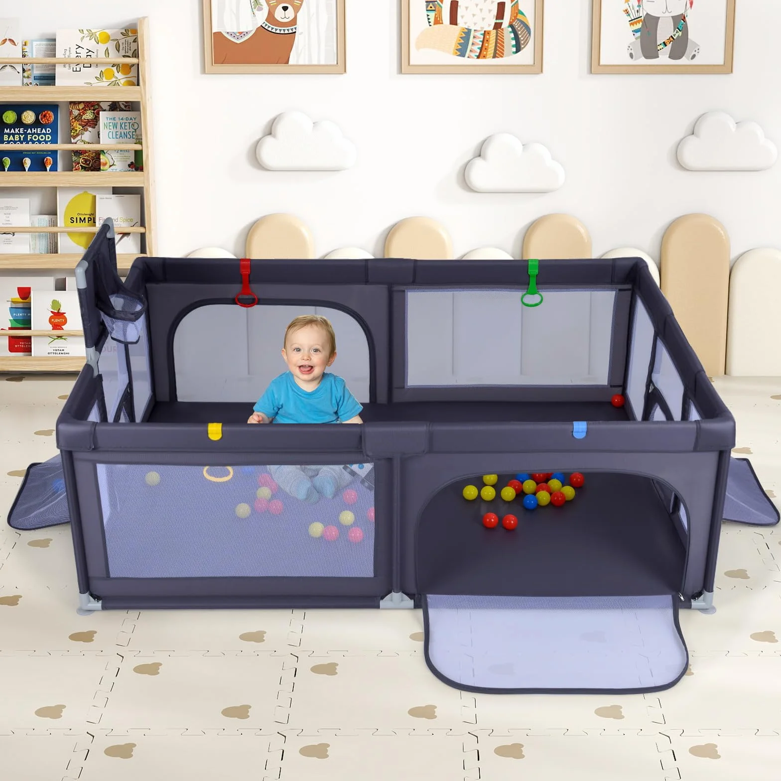 COSTWAY Box Neonati 210x150 cm Recinto Bambini Pieghevole con Canestro Basket 2 Porte Calcio Parco Giochi 50 Palline 4 Anelli Borsa Trasporto Grigio Scuro