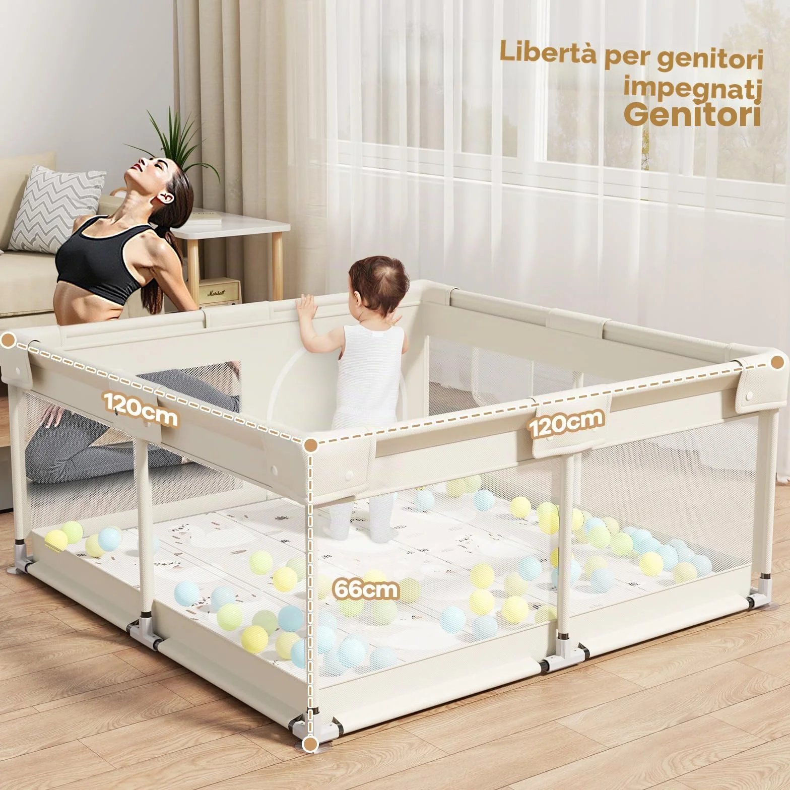 Box Bambini 120x120cm Beige Recinto Neonato con Rete Traspirante e Ventose