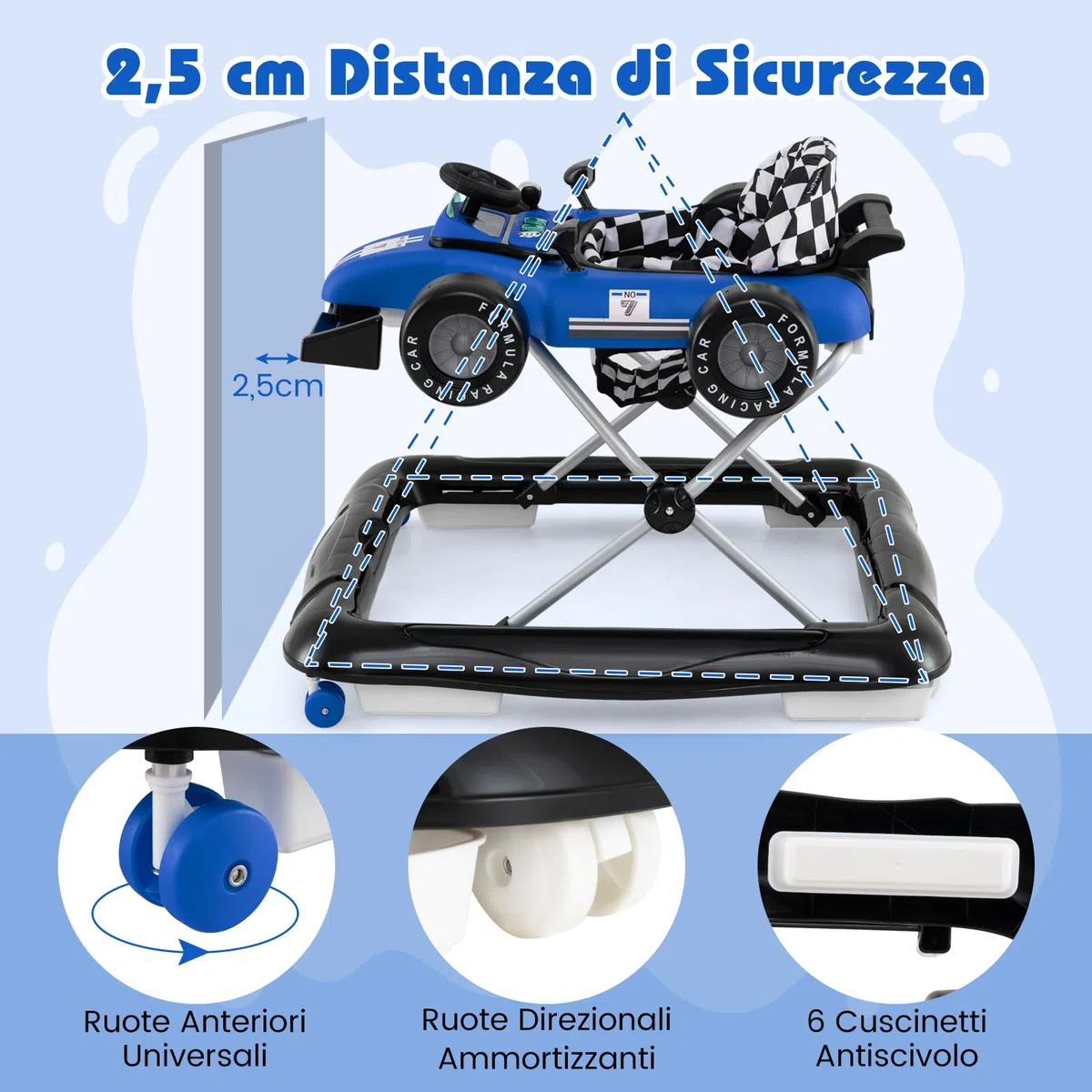 COSTWAY 4 in 1 Girello per Bambini, Altezza Regolabile a 3 Livelli, Passeggino per Bambini, con Volante Imbottito e Scatola Musicale, Portata 12 kg, per Bambini 6-18 Mesi (Blu)