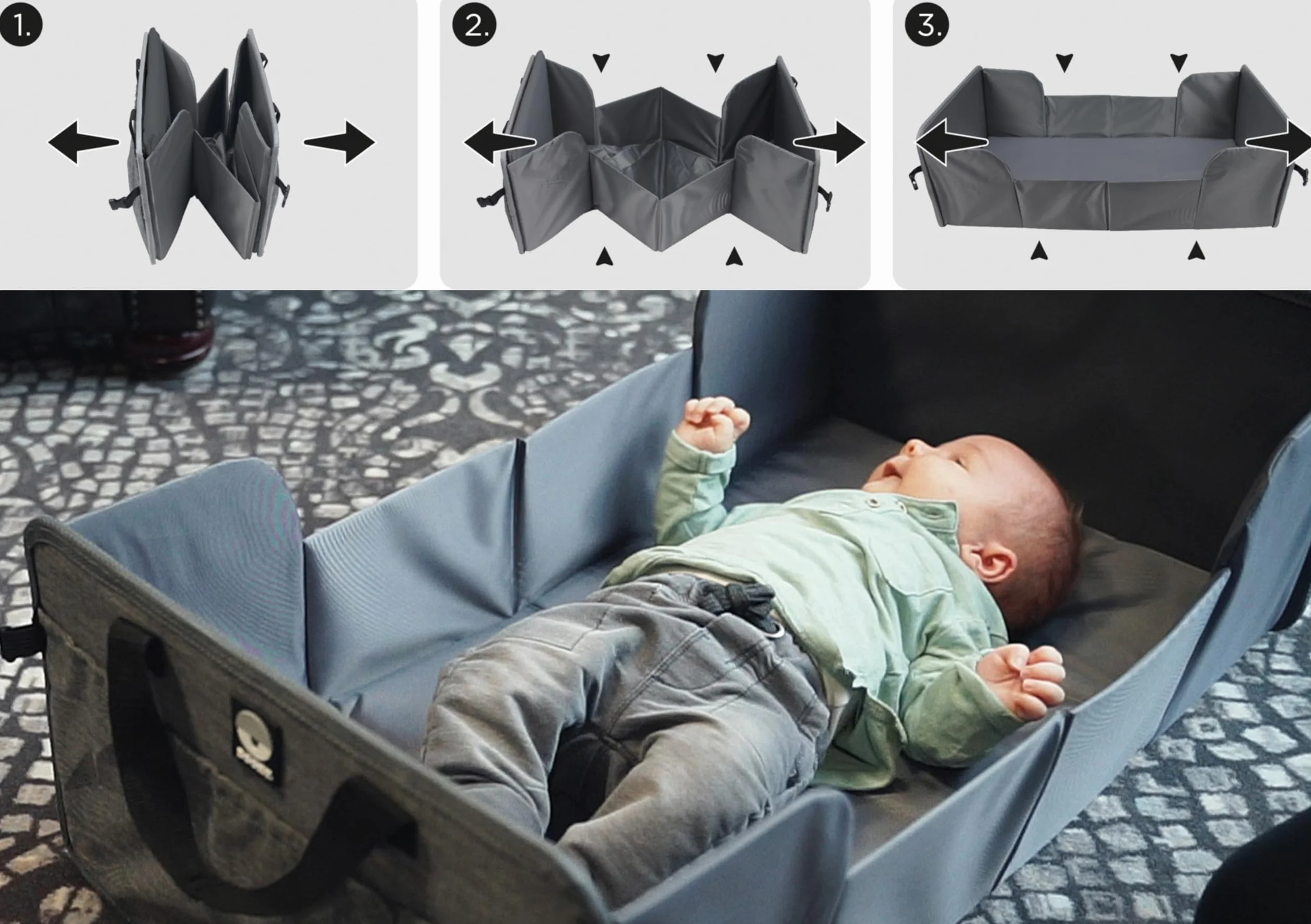 Dooky Original Traveller - lettino pieghevole per bambini - super leggero, tasche esterne, 41 x 74 cm (assemblato) /41 x 26 cm (piegato), 100% poliestere, nero