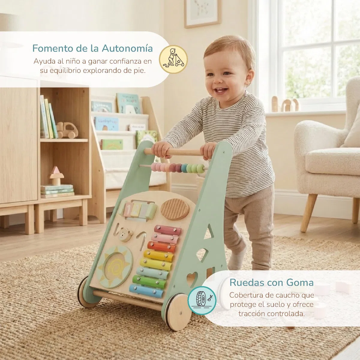 BUDDY BABY Montessori - Walker Baby in legno - Passeggino per primi passi con giocattoli e attività - Passeggino per bambino +12 mesi (Lapponia/Verde)