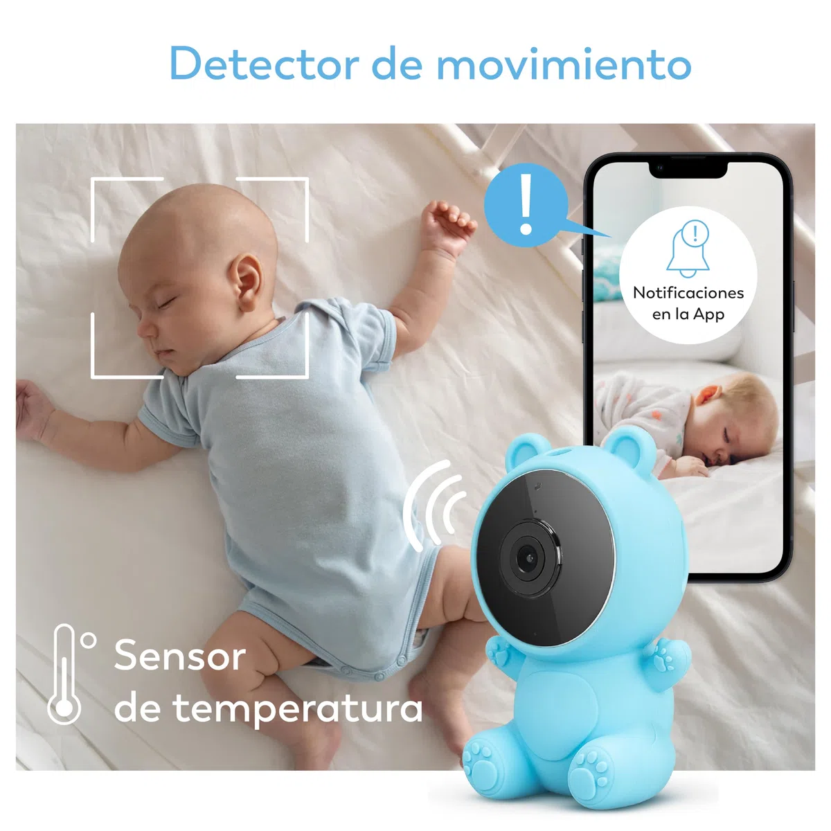 Garza Telecamera per la Sorveglianza del Bambino 1080p HD con Sensore di Temperatura, Visione Notturna, Rilevamento di Pianti, Ninnananne, Rumore Bianco e WiFi 2.4 GHz., 3 Coperture + Supporto