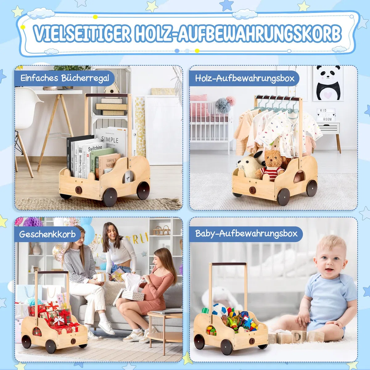 ONUEMP Cestino per bambini in legno con motivo orso, contenitore con ruote e maniglia, 40 x 30 x 58 cm, scatola regalo personalizzabile, per baby shower, legno naturale