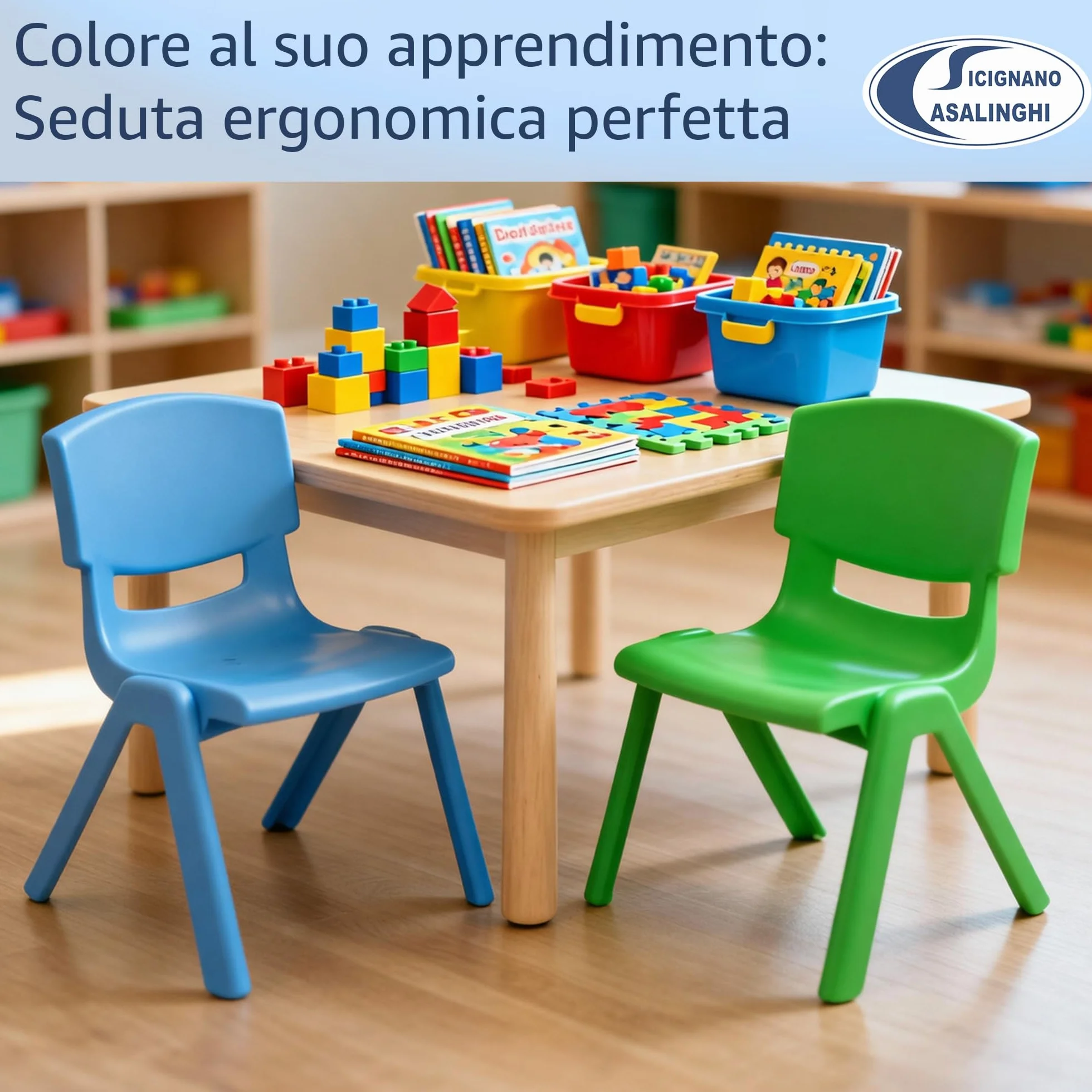 Sicignano Set 3 Pezzi Sedia per Bambini in Plastica Azzurro Impilabile 34x32x48h cm Portata 60 kg Impermeabile