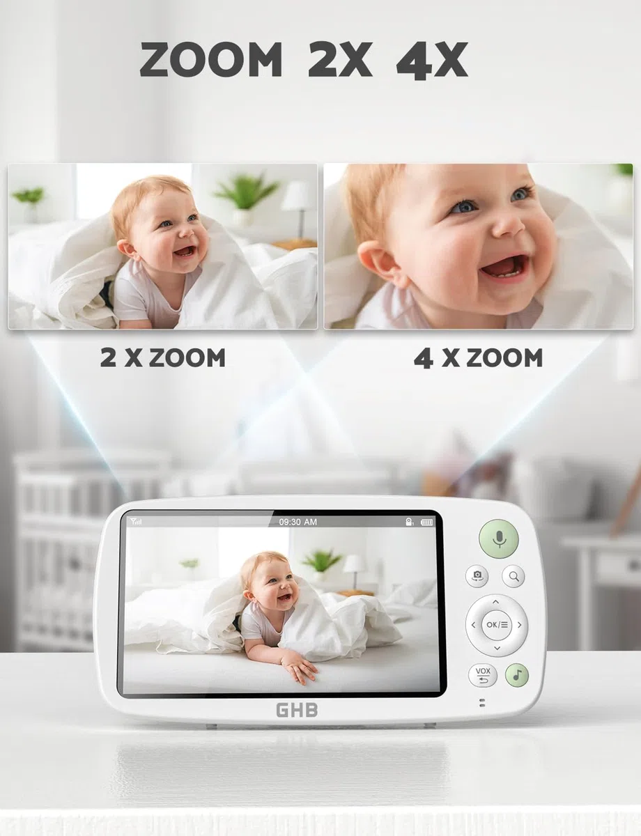 GHB Baby Monitor Video e Audio Schermo 5'', 350°/110°, 168 Ore di Autonomia, HD 1080P, Modalità VOX, Visione Notturna, Rilevamento della Temperatura, Ninne Nanne