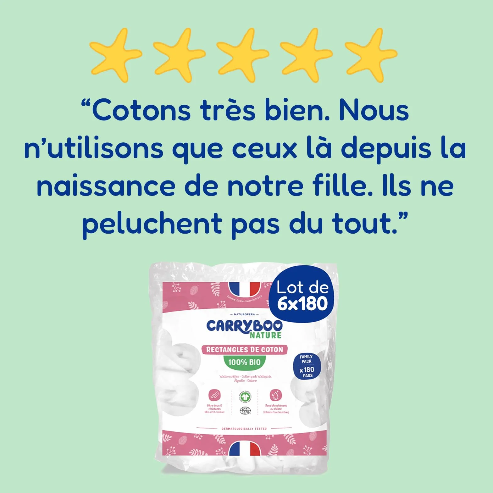 CARRYBOO - Piazza cotone bambino - 100% biologico - Pelle normale e sensibile - Set di 6 - Ultra morbido e resistente - Ipoallergenico - Sbiancato senza cloro - Per tutta la famiglia - Confezione di