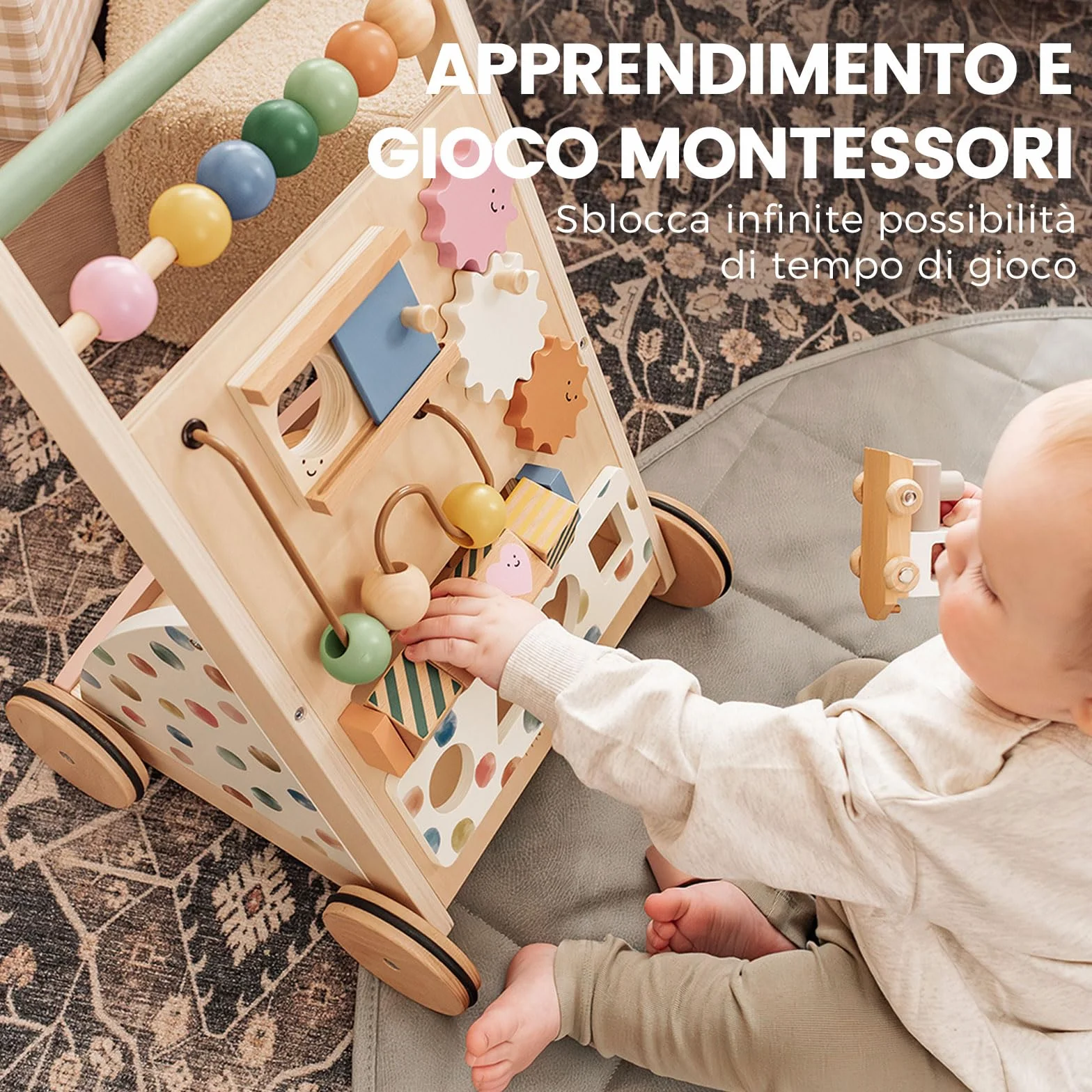 Tiny Land girello in legno, Set Baby Walker, ausilio per imparare a camminare con velocità regolabile per bambini e bambine, ausilio per camminare e centro attività per bambini