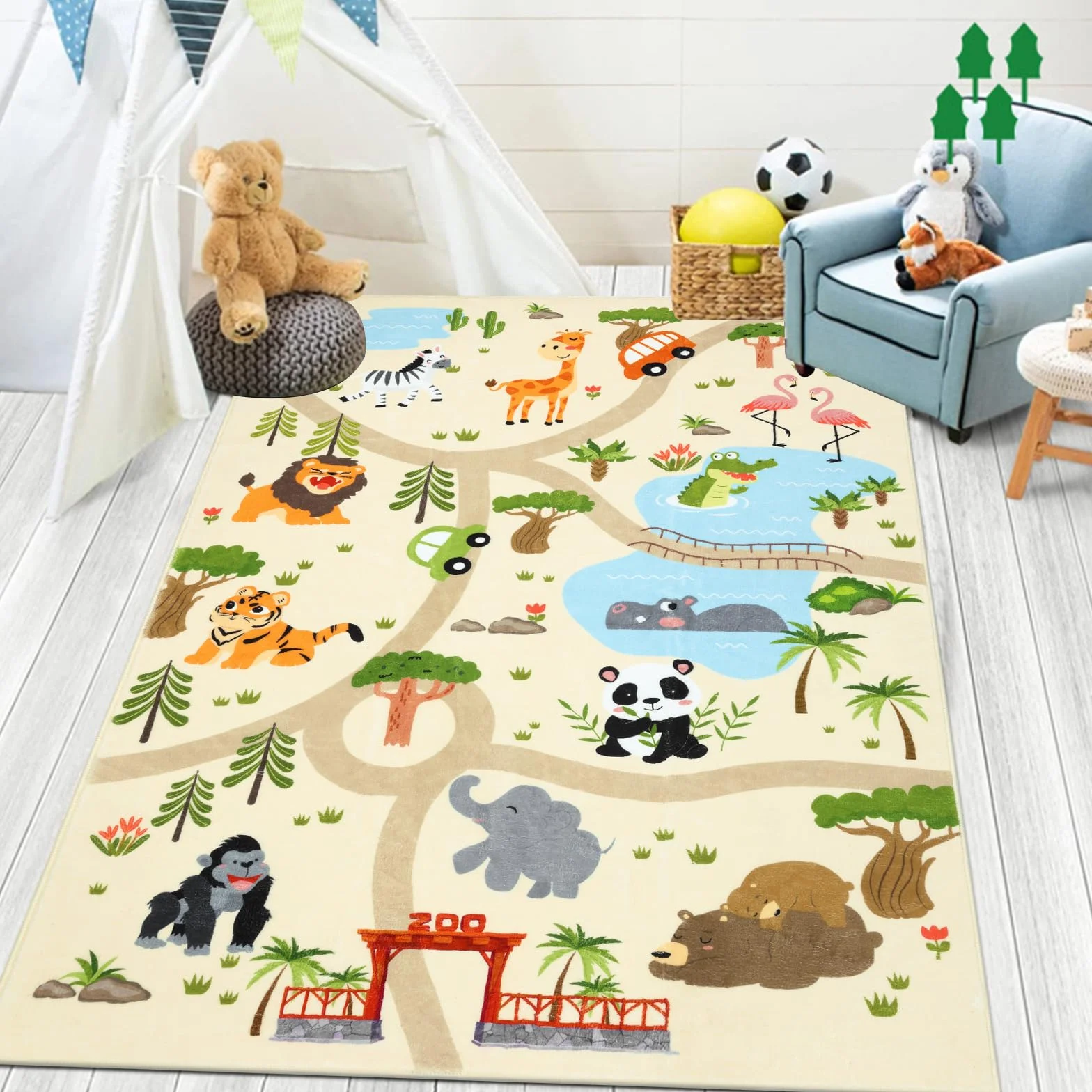 Enyhom Tappeto Bambini Morbido, 100 x 150 cm Antiscivolo Tappeto Cameretta Bambino Lavabile Tappeto per Bambini Auto Motivo Animali Tappeti Bambini per Stanza dei Giochi, Camera Bebe, Stanza Bambini