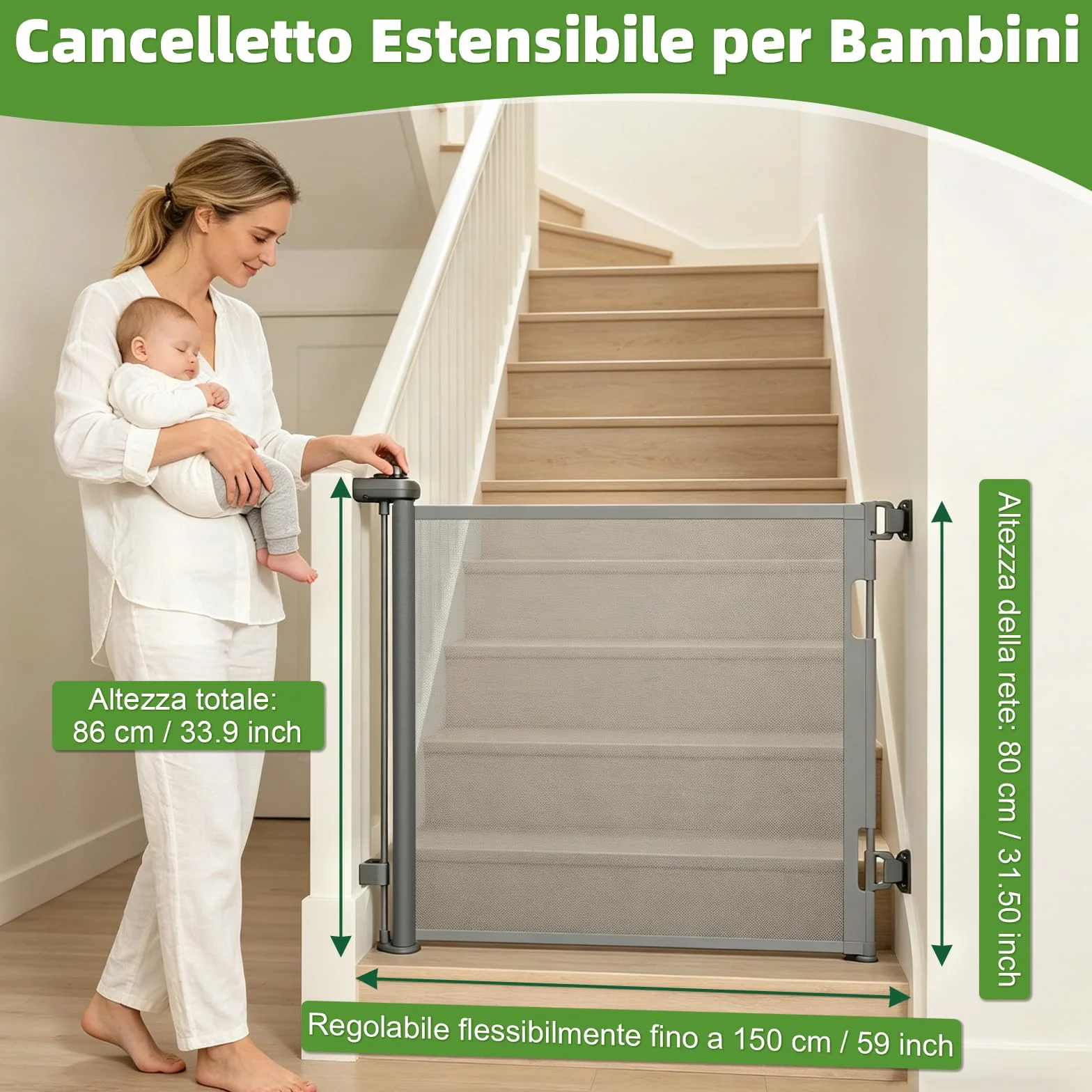 Cancelletto di Sicurezza Retrattile per Bambini 0-150 cm per Cani Scale Corridoi Interni Esterni Grigio