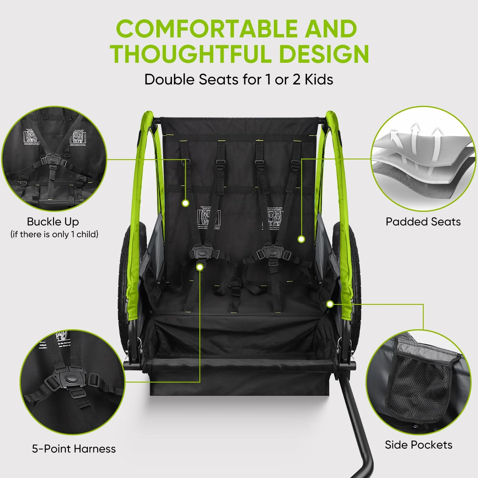 SEPNINE Rimorchio per bambini, a due posti, per fuoristrada, cinture di sicurezza integrate, pieghevole con freno a mano, per 1-2 bambini, max. 40 kg