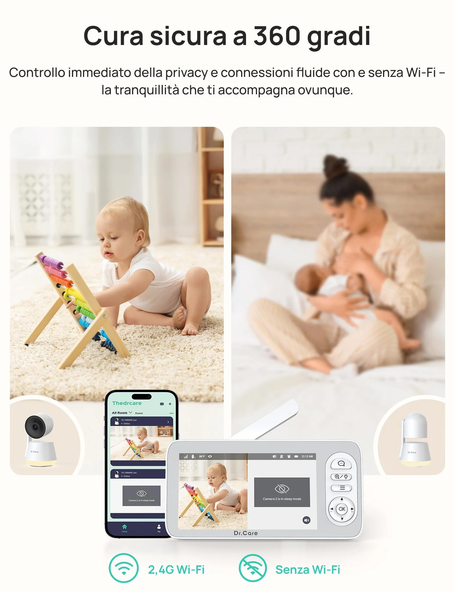 Dr.Care LumiView Plus Baby Monitor WiFi con 2 Telecamere – Schermo 5.5", Telecamera 2K, Modalità Privacy, Batteria Rimovibile 5000mAh, Luce RGB, Allarmi Pianto e Movimento, Visione Notturna HD
