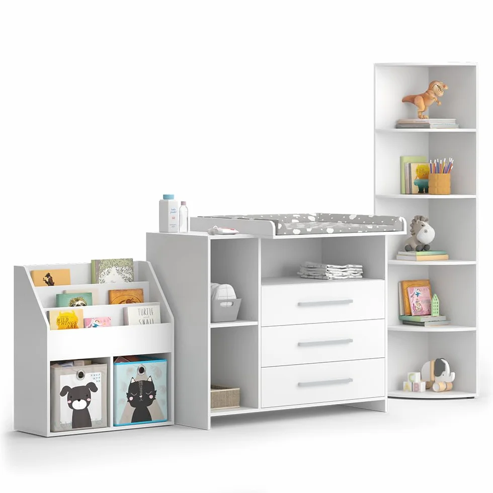 Vicco Set mobili bambini Oskar bianco 3 parti fasciatoio scaffale giocattoli libreria convertibile cassettiera