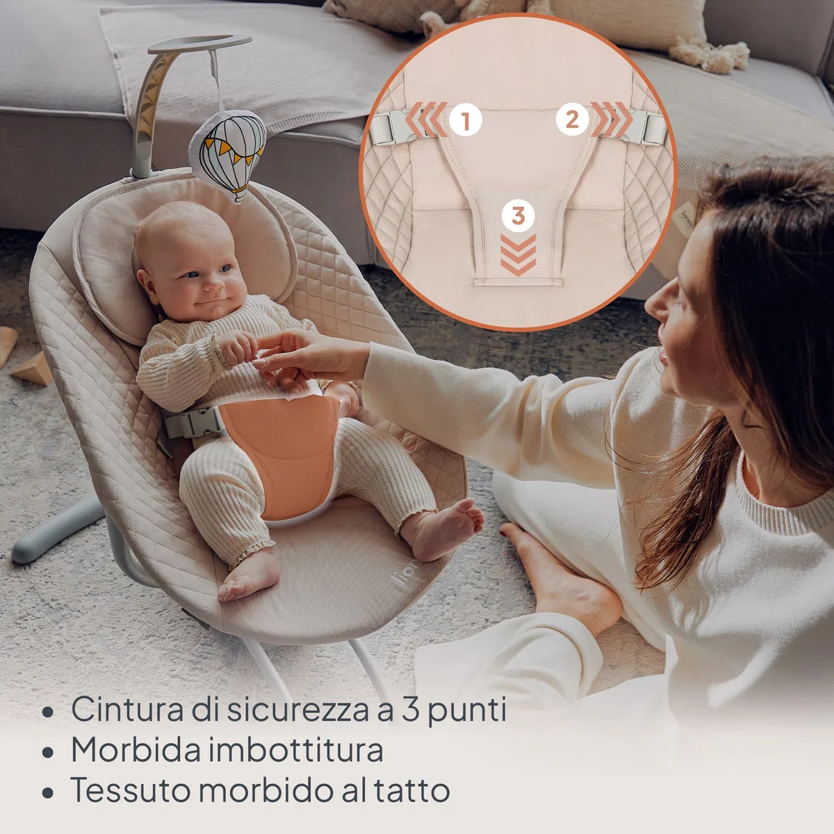 LIONELO RIO Dondolo elettrico per bambini, Schienale regolabile, dondolo a 3 velocità, cinture di sicurezza con cuscino Melodie e suoni della natura Archetto con giocattolo Leggero, fino a 9 kg