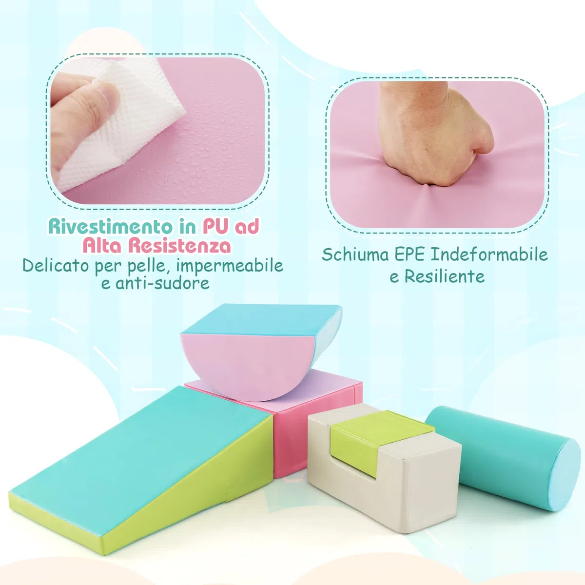 COSTWAY Set di 6 Blocchi per Bambini con Diverse Forme e Colori, Centro Attività Palestrina Giocattolo per Arrampicata e Strisciamento (Verde)