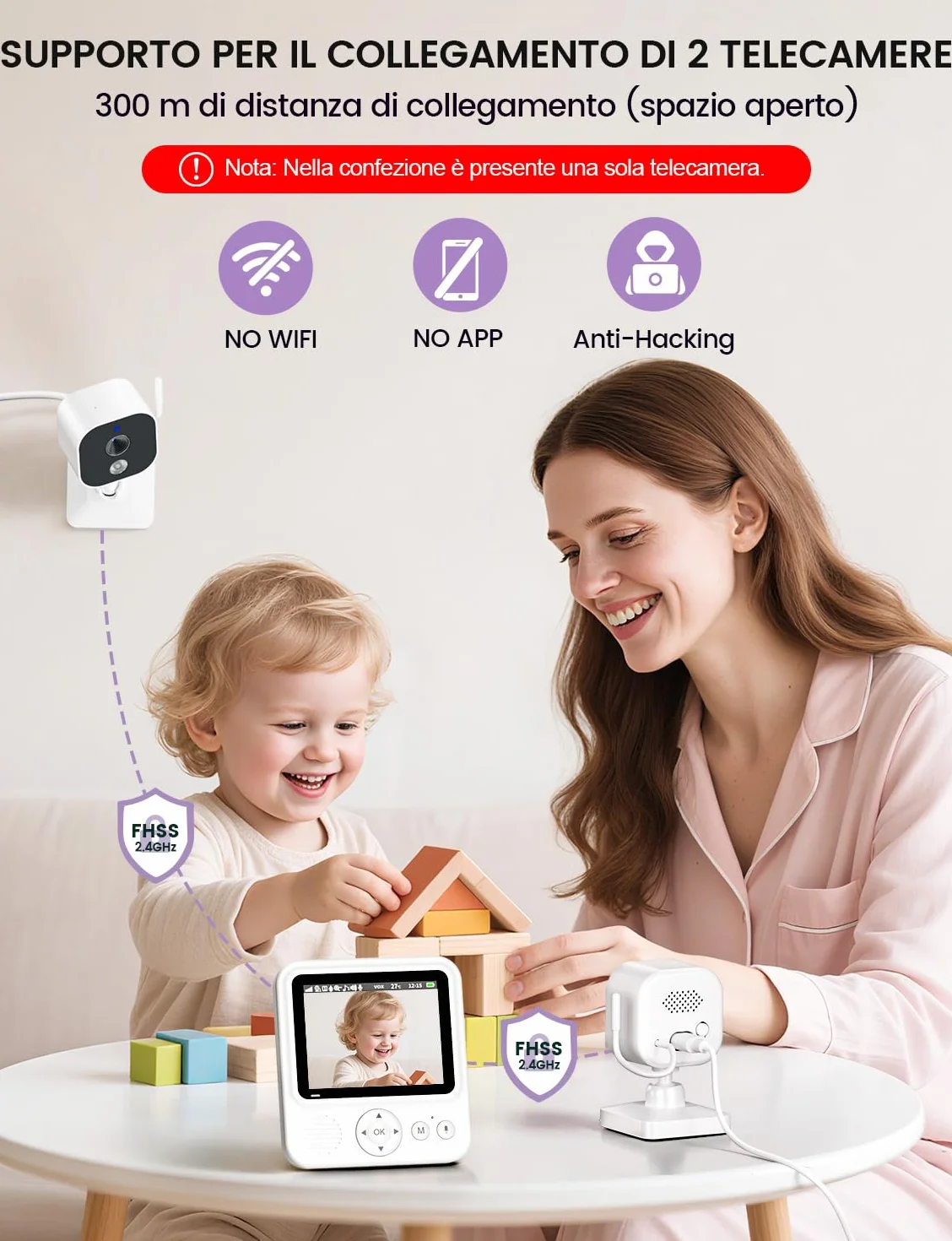 Baby Monitor Video e Audio 2,8" 720P LCD IPS 2000mAh USB-C Zoom Digitale VOX Visione Notturna Comunicazione Bidirezionale Sensore Ninna Nanna