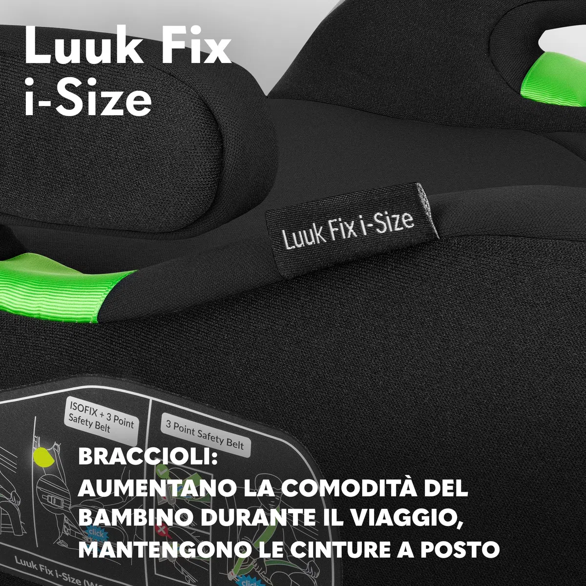 LIONELO Rialzo Auto per bambini LUUK FIX I-Size, Facile Installazione ISOFIX o/e cintura, 125-150 cm 22-36kg Leggero, Comodo, Indicatori, Schiuma Adattiva, Traspirante Lavabile, Car Booster, Braccioli