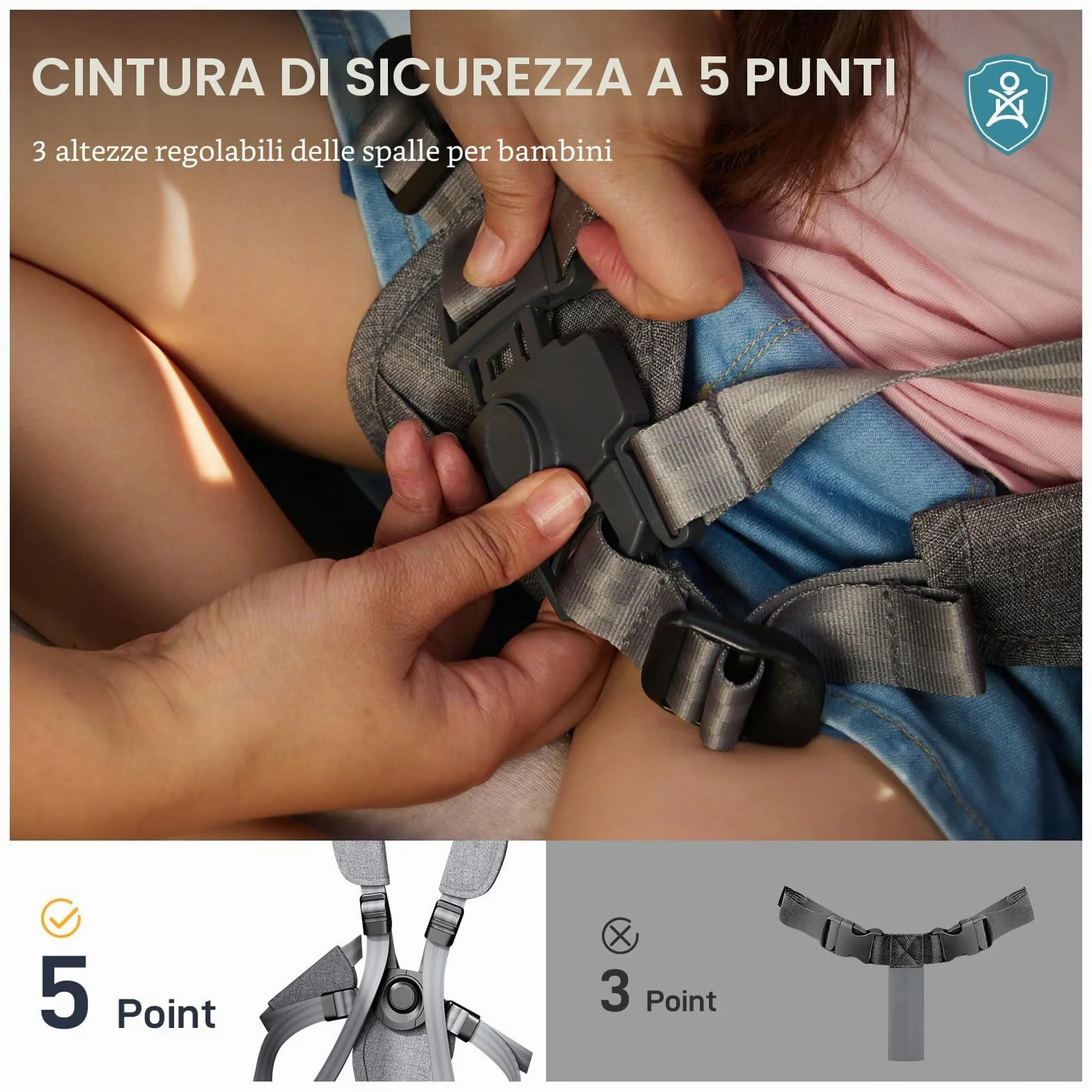 EVER ADVANCED Passeggino pieghevole per bambini con tetto, cintura di sicurezza 2x5 punti, carrello di trasporto con zaino, freno a pedale, capacità 50KG
