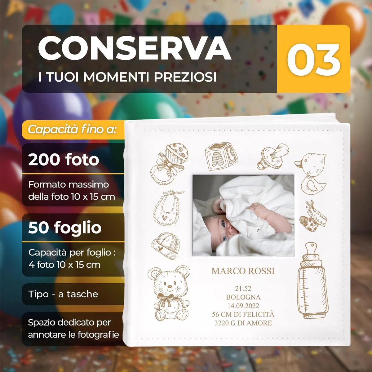 Maverton Album Foto Personalizzato - Copertina in Pelle Sintetica con Finestra per Foto - Album Fotografico Personalizzabile 100 pagine - 200 foto 10x15cm - Regali Neonato Compleanno