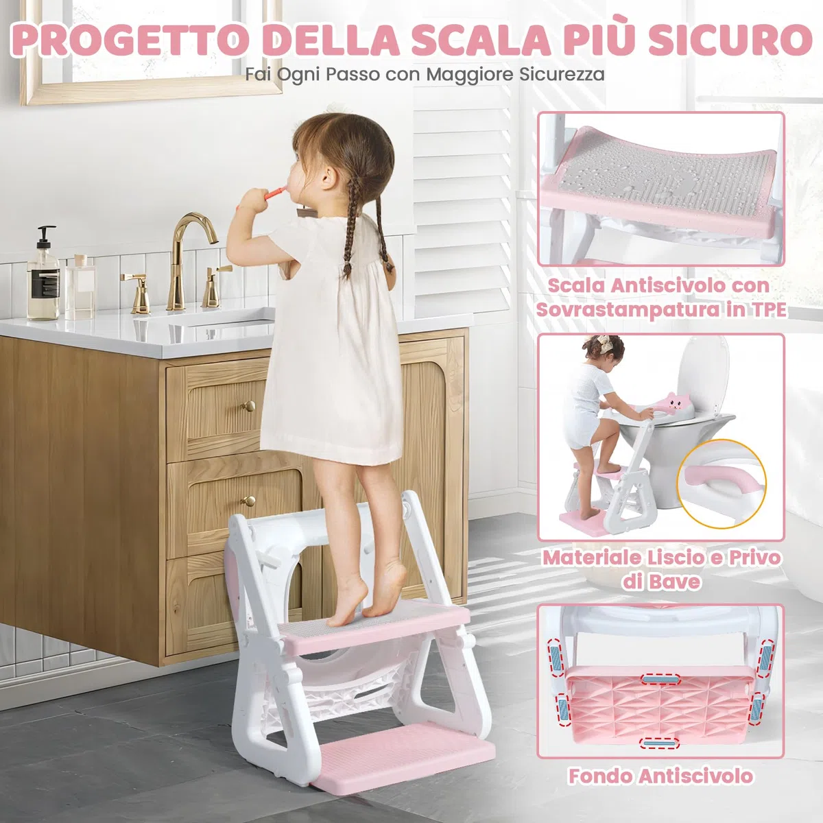 Riduttore Wc Bambini - Upgraded Riduttore Wc 2 in 1 - Struttura a Triangolo | Pedale Allargato | Paraspruzzi Estesi | Cuscino Morbido | Manico Allargato - Antiscivolo Pieghevole Leggero - Rosa Orso