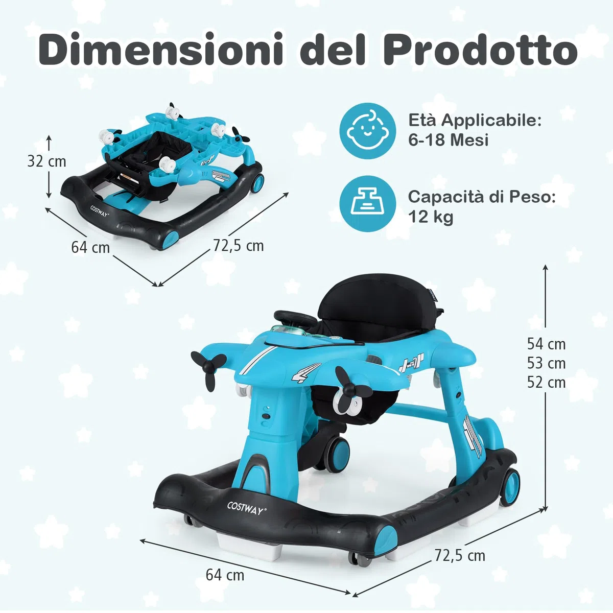 COSTWAY 6 in 1 Girello per Bambini, Girello Pieghevole con Altezza e Velocità Regolabili a 3 Livelli, Vassoio, Musica, Ruote, Luci, Giocattoli Evolutivi per Bambini 6-18 Mesi (Blu)