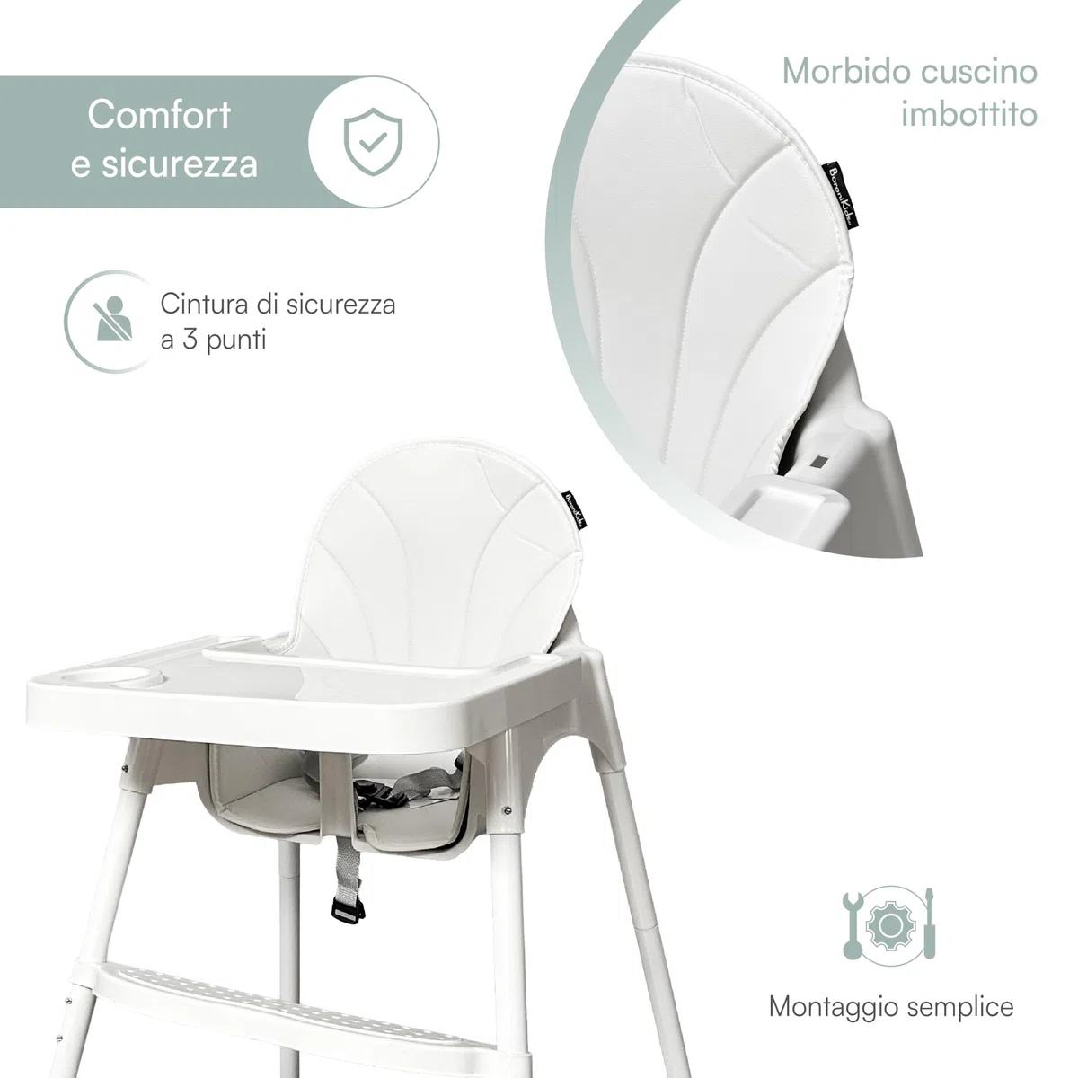 Seggiolone Pappa Bambini 2 Altezze 90/66 cm, Vassoio Removibile Regolabile, Cintura Sicurezza 3 Punti, Rivestimento Imbottito, Piedini Antiscivolo, Massimo 25 kg (Bianco)