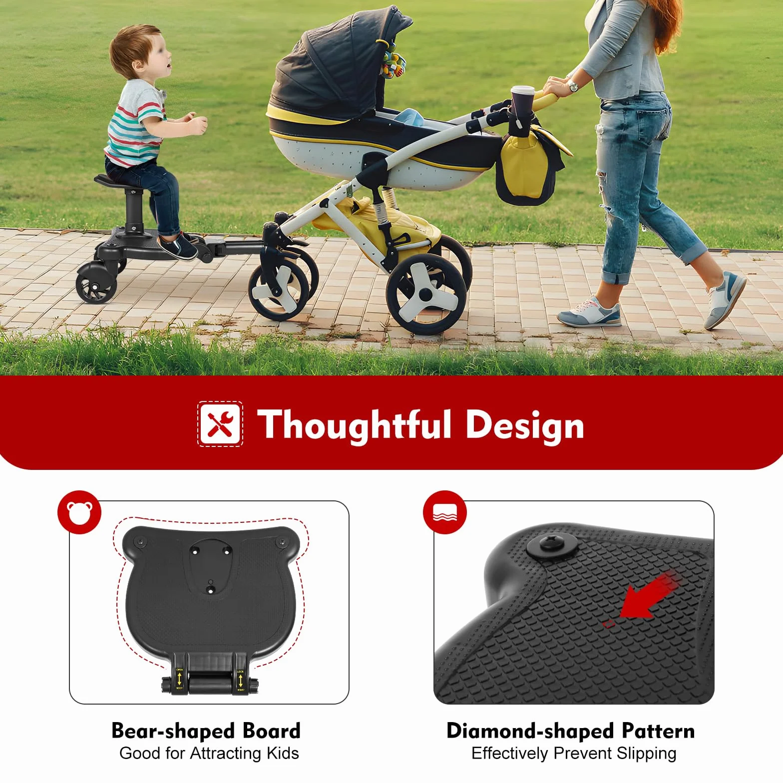 Passeggino con sedile, passeggino, poggiapiedi per passeggino, universale, per bambini dai 2 ai 6 anni, cuscinetto 25 kg (nero)