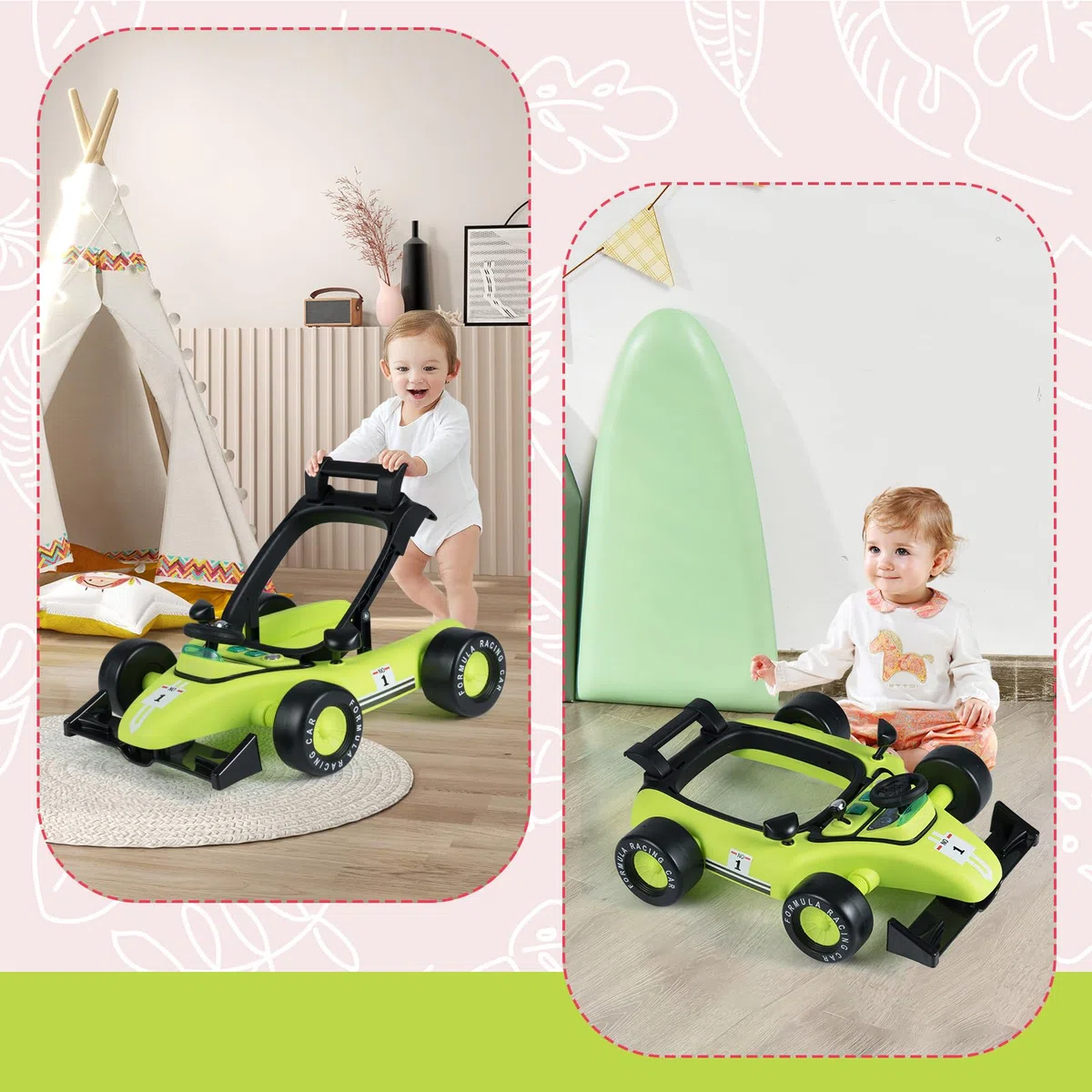 COSTWAY Girello per Bambini 4 in 1, Girello Pieghevole con Altezza e Velocità Regolabili, Carillon con Luci, Volante, Primi Passi per Bambini 6-18 Mesi, Portata 12 kg (Verde)