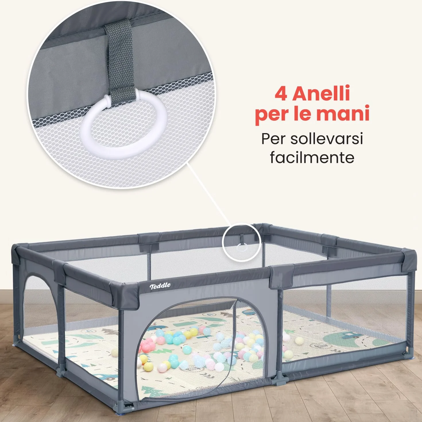 Box Bambini – Incluso Tappeto da Gioco Double-Face - Recinto per Bambini con 50 Palline – 180 x 150 cm – Box Neonato Per Uso Interno ed Esterno – Box per Bambini (Grigio, 180x150cm)