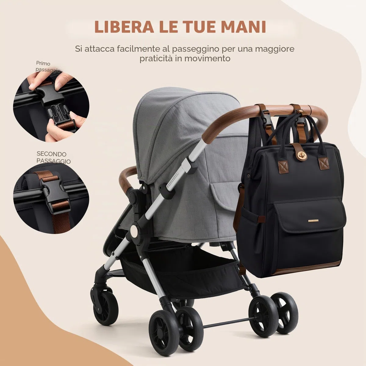 Zaino per pannolini, borsa per pannolini multifunzione resistente all'acqua con gancio, borsa per pannolini da appendere casual per mamma