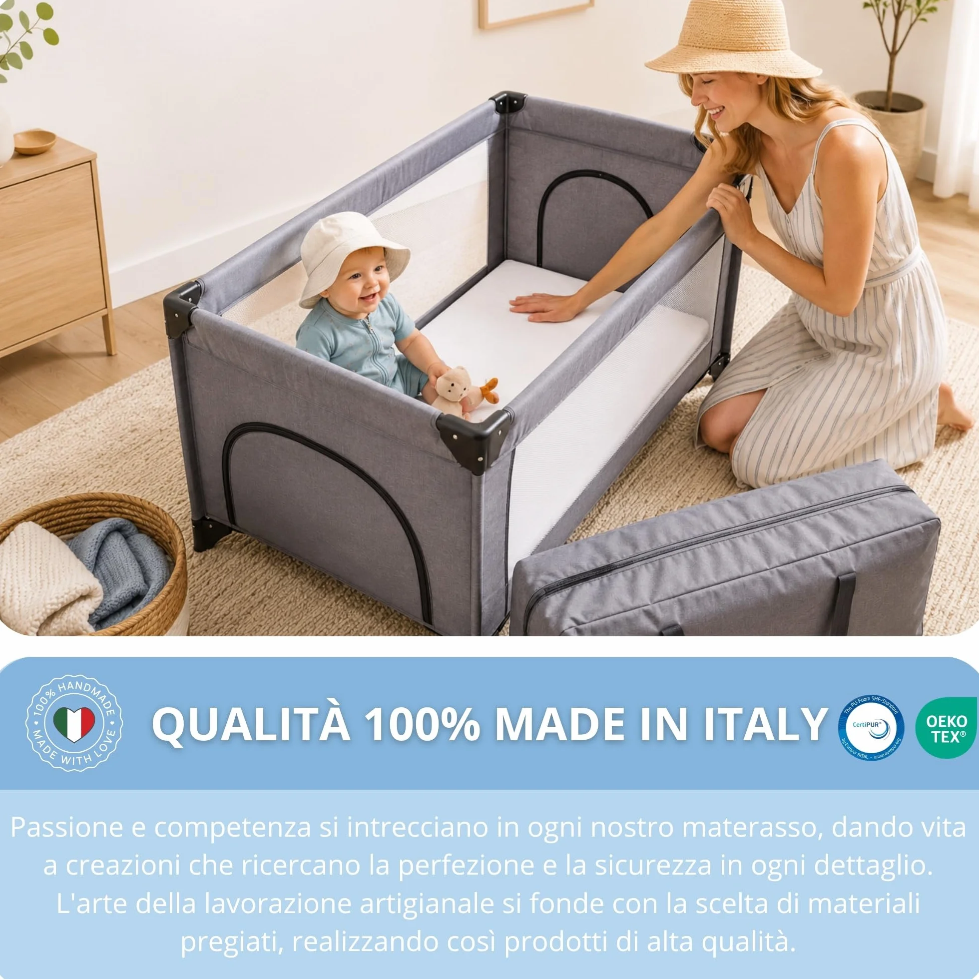 Materasso Lettino Campeggio Sfoderabile Pieghevole 60x120x4 EN16890:2017 Federa 100% Cotone Oeko-tex Certipur
