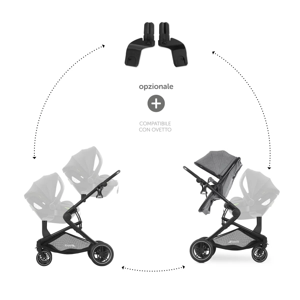 hauck Adattatori per Fissare L'ovetto Drive N Care e Altri Modelli sul Passeggino Doppio Atlantic Twin - Facili da Fissare - 1 Coppia - Nero