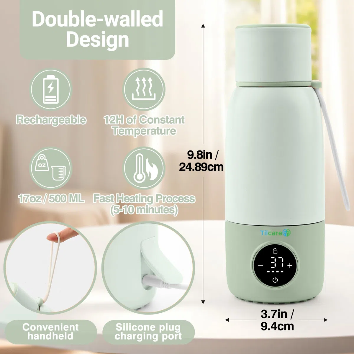 Scaldabiberon Portatile Ricaricabile con Distributore di Formula - 17oz/500ml, Riscaldamento Veloce, Controllo Preciso della Temperatura, Fino a 12 ore di Riscaldamento con Display LCD, Verde