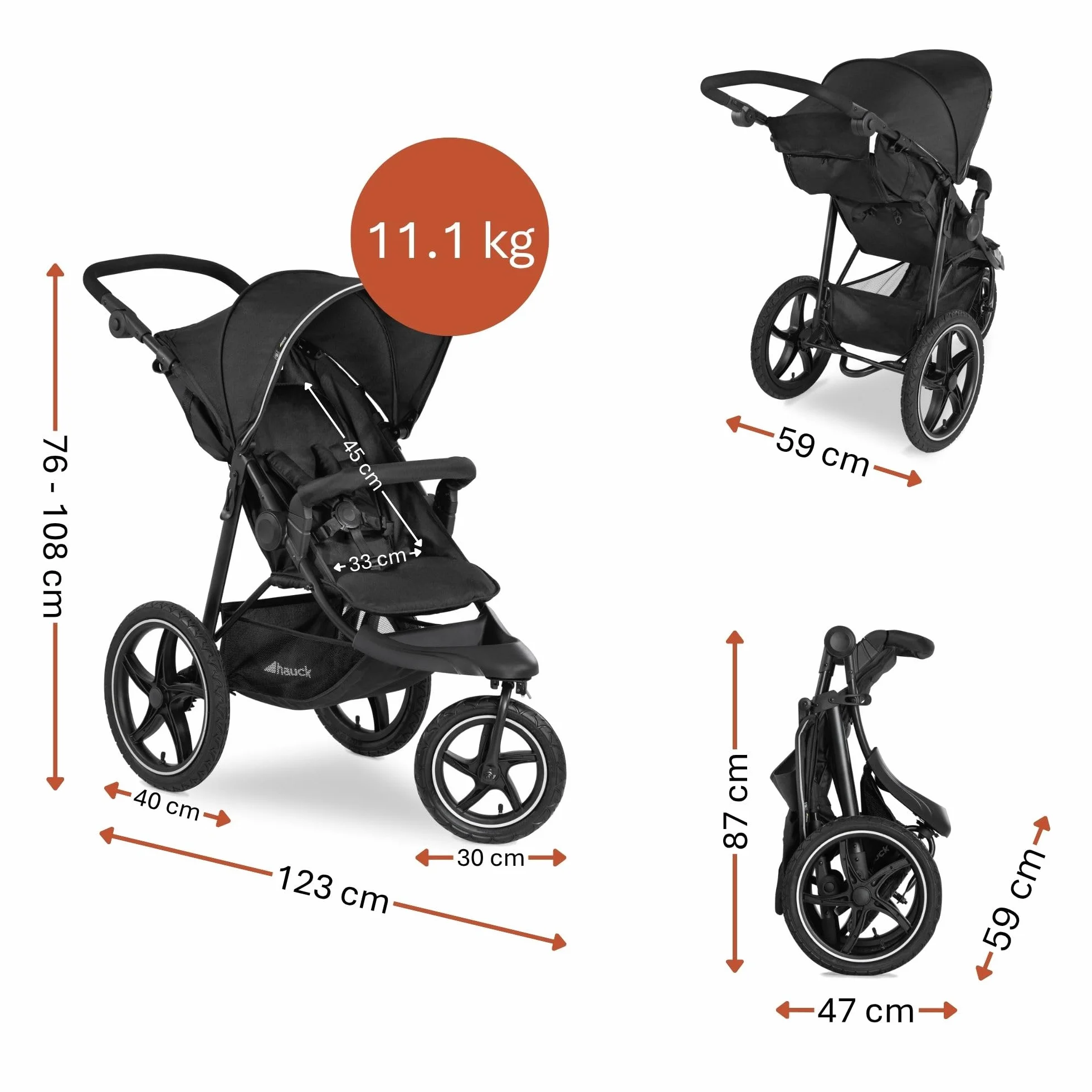 Hauck Passeggino 3 Ruote Runner 2 z Kołami XL, 22 kg, Reclinabile, Regolabile, UPF 50+, Cesto 3 kg, Pieghevole, Nero