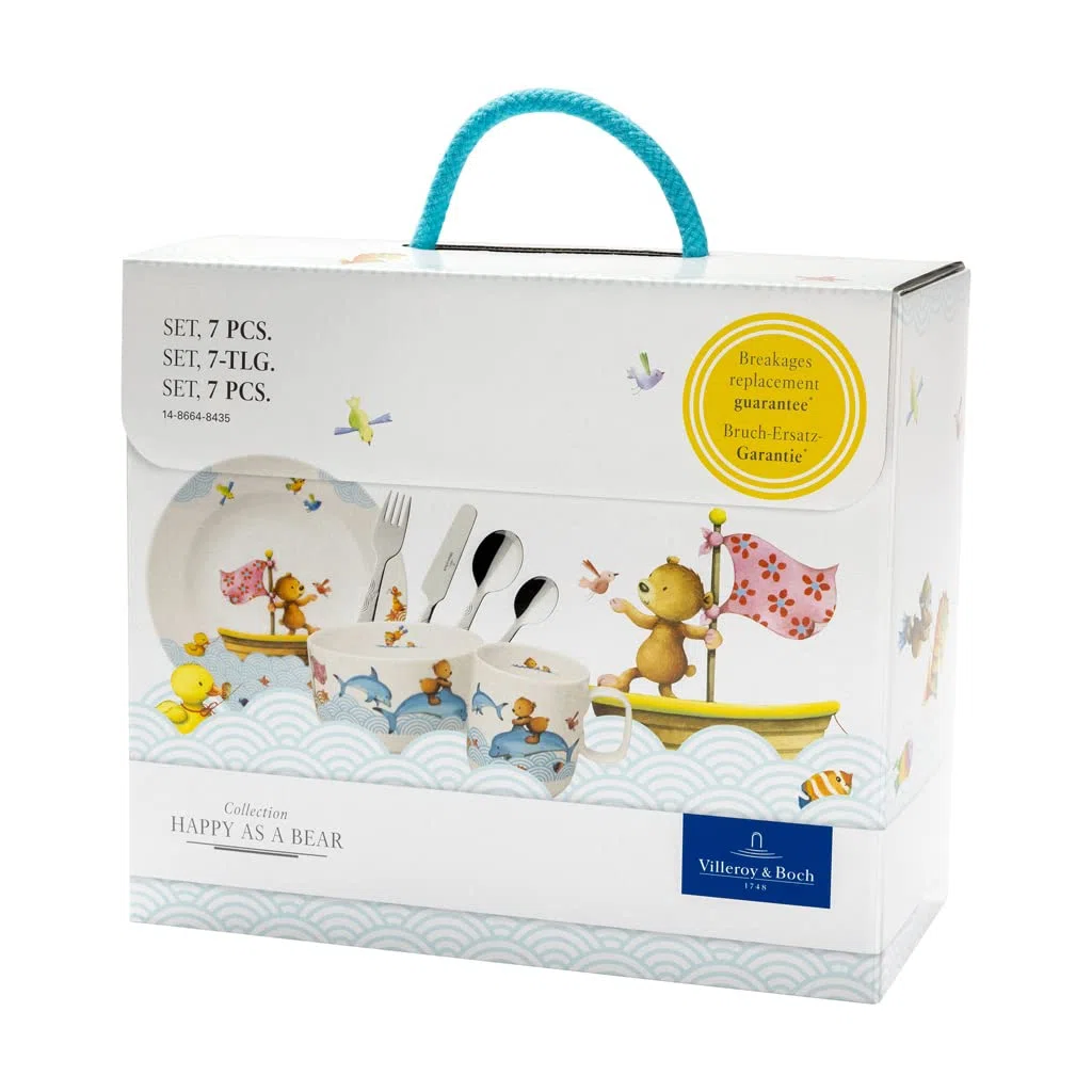 Villeroy & Boch - Kiddy Bears Set Di Stoviglie Per Bambini 7 Pz. 7 Pezzi Blu, Lavabile in Lavastoviglie, "Happy as a Bear", Piatto, Scodella, Tazze, Posate, Porcellana Premium,Acciaio Inossidabile