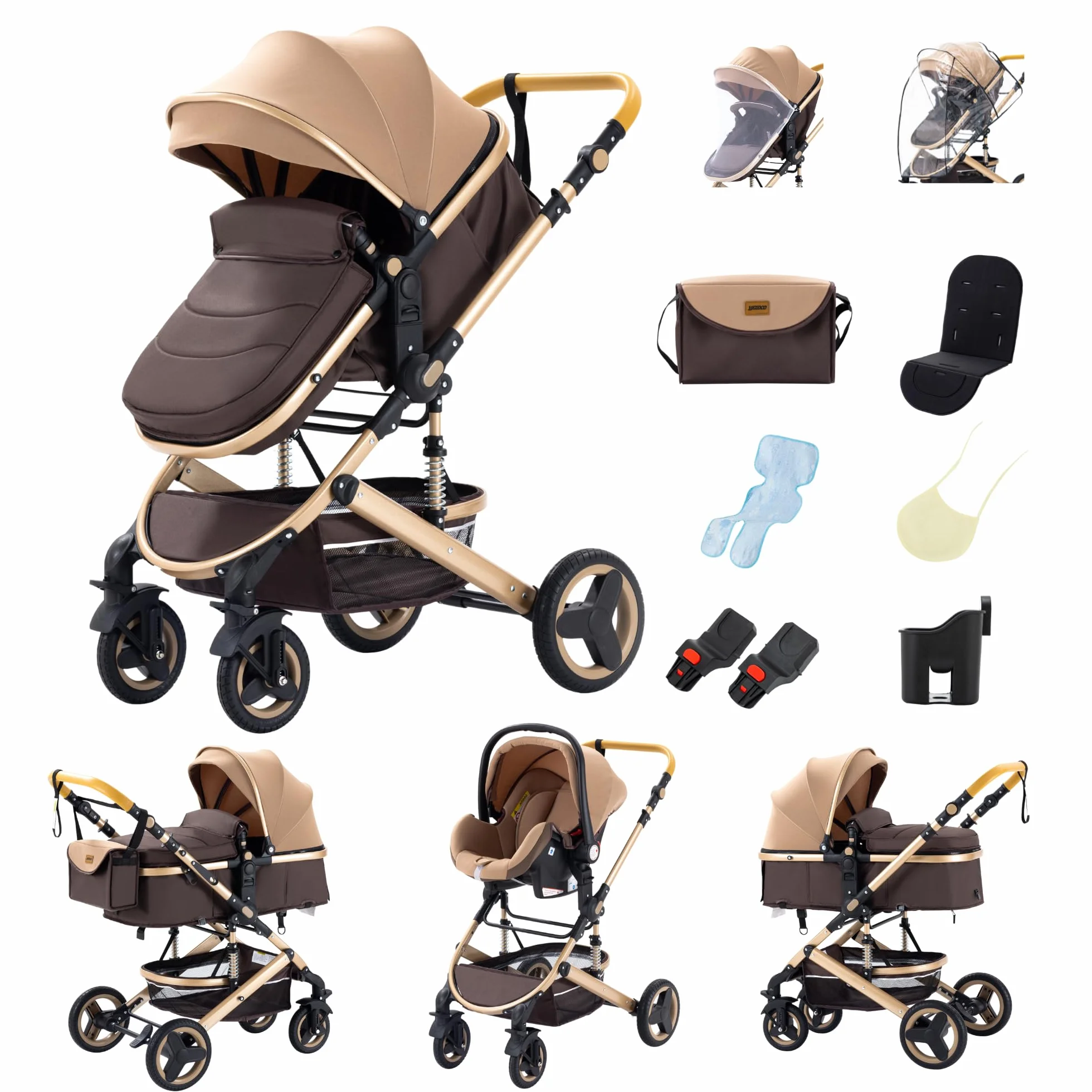 GLOKID passeggino trio 3 in 1 multifunzionale pieghevole carrozzina navicella ruote antiforatura ammortizzate completo di accessori PT530 Kaki