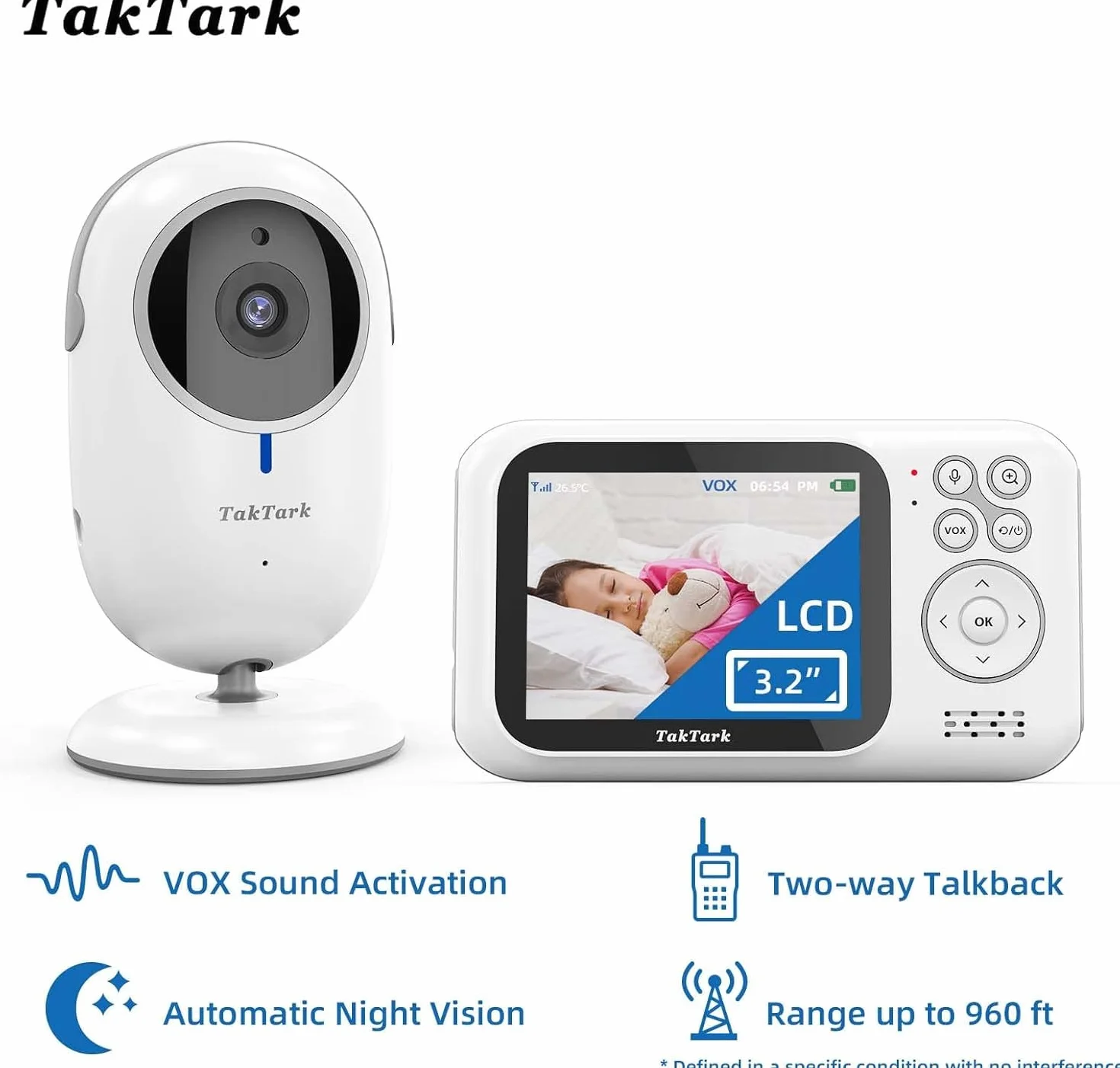TakTark Baby Monitor Video e Audio, 3.2'' IPS 750mAh Telecamera Bambini con Monitor Video Baby Monitor Videocamera VOX, Visione notturna, Comunicazione Bidirezionale Sensore di temperatura