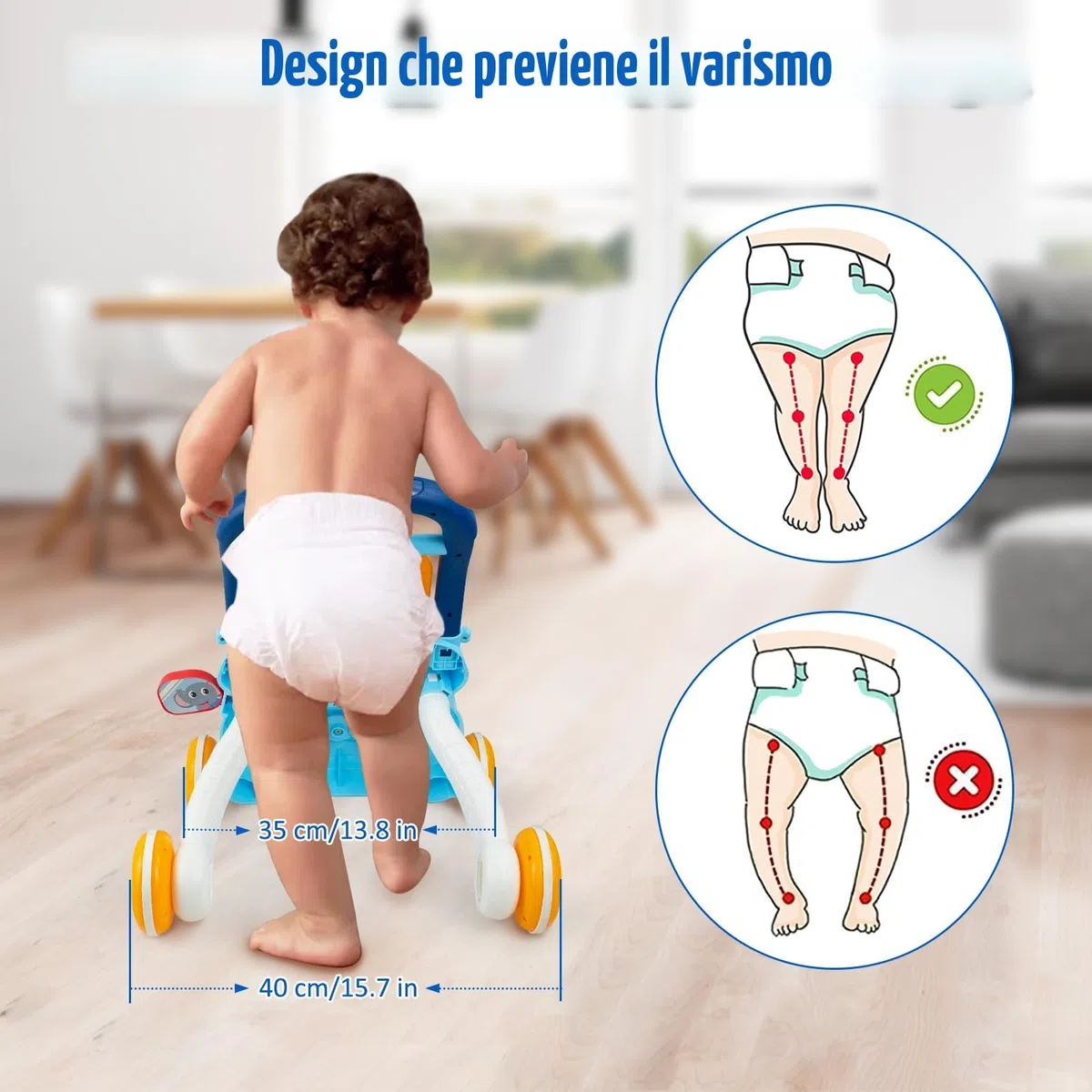 Camminatore per Bambini da Seduto a in Piedi, 2 In 1 Giocattolo a Spinta Bambini con Musica e Lavagna da Disegno, Centro di Attività Educativa Precoce Multifunzionale per Neonati 12M+ (Blu)