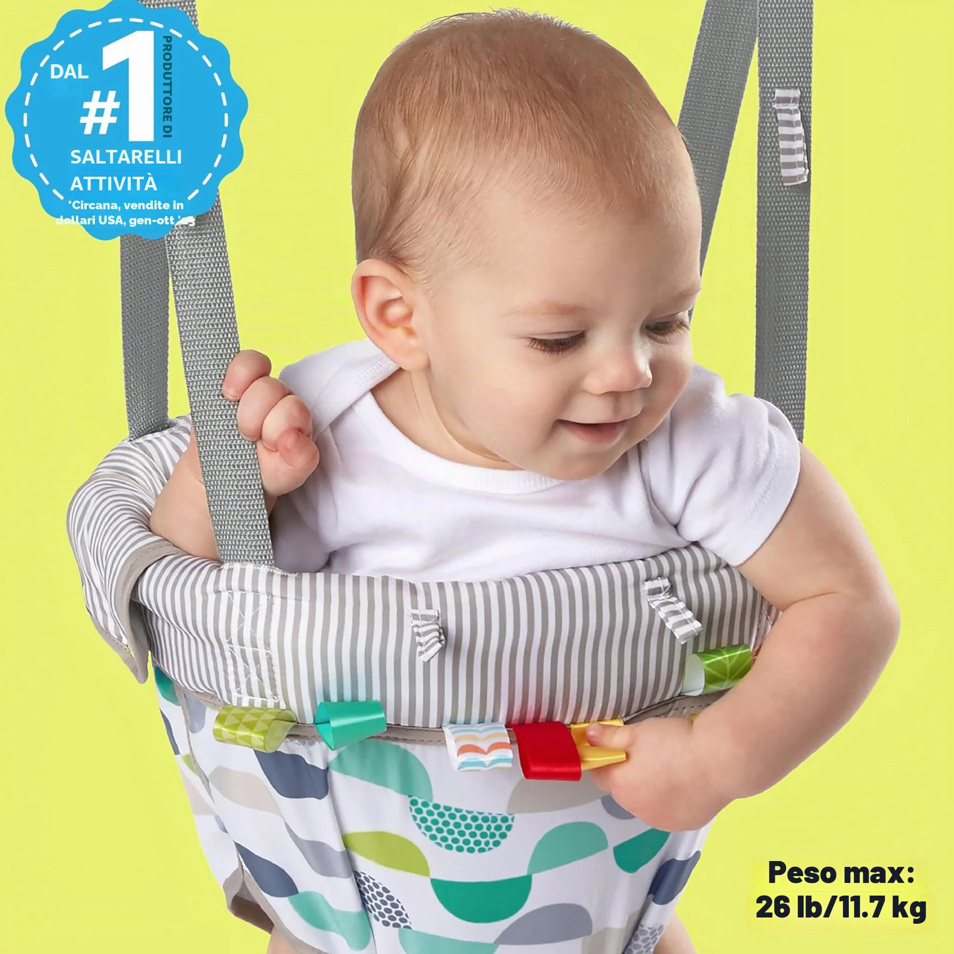 Bright Starts, Playful Parade Door Jumper Per Bambini Con Cinghia Regolabile, Multicolore, Dai 6 Mesi In Su
