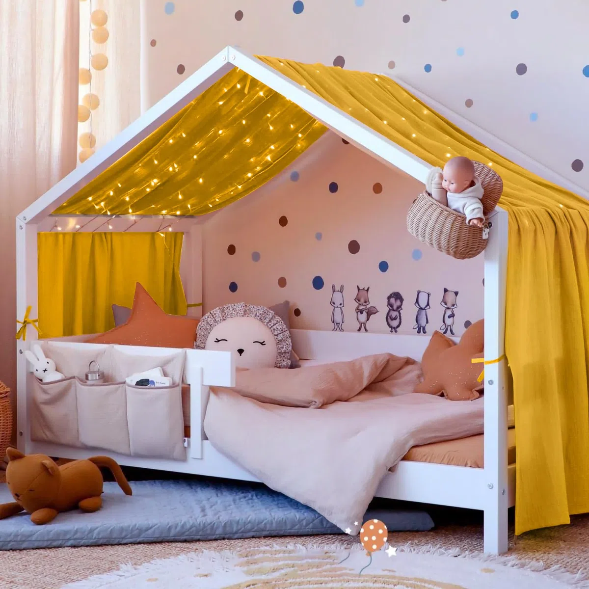 Vicloon Tenda Letto Bambini 100% Cotone, Tenda Letto Montessori per Letto Bambini, Baldacchini in Tessuto, Tenda da Letto per la casa in Mussola, 135 x 360 cm, Curcuma