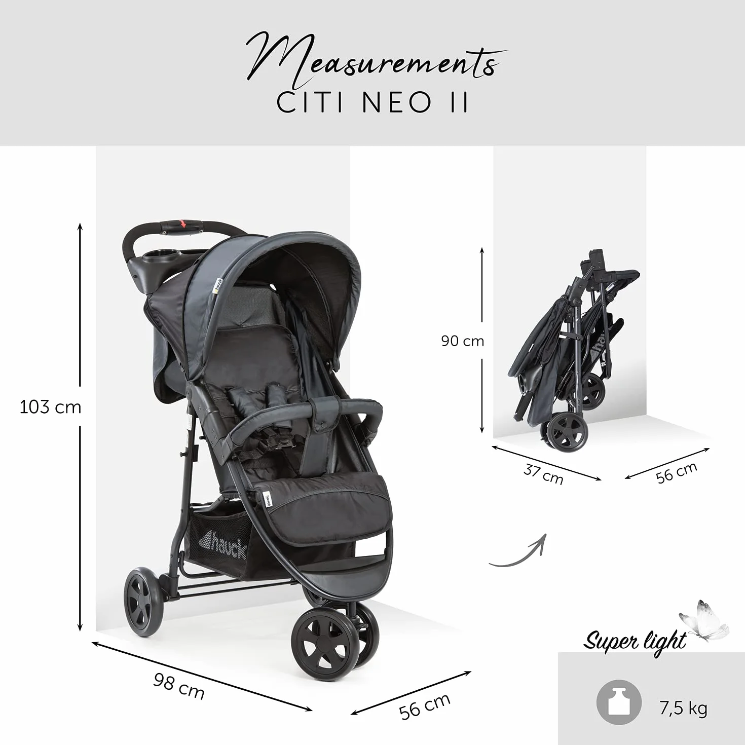 hauck Citi Neo II Passeggino Leggero 3 Ruote con Vassoio e Portabibite, Schienale Reclinabile fino a 22 kg