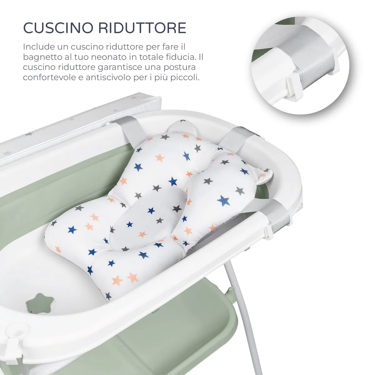 Ms BabyWorld ZOE Vasca da bagno con gambe, fasciatoio, cuscino riduttore e cestino portaoggetti, comodo, facile da riporre, con tappo e gambe antiscivolo, vasca da bagno pieghevole e portatile (Verde)
