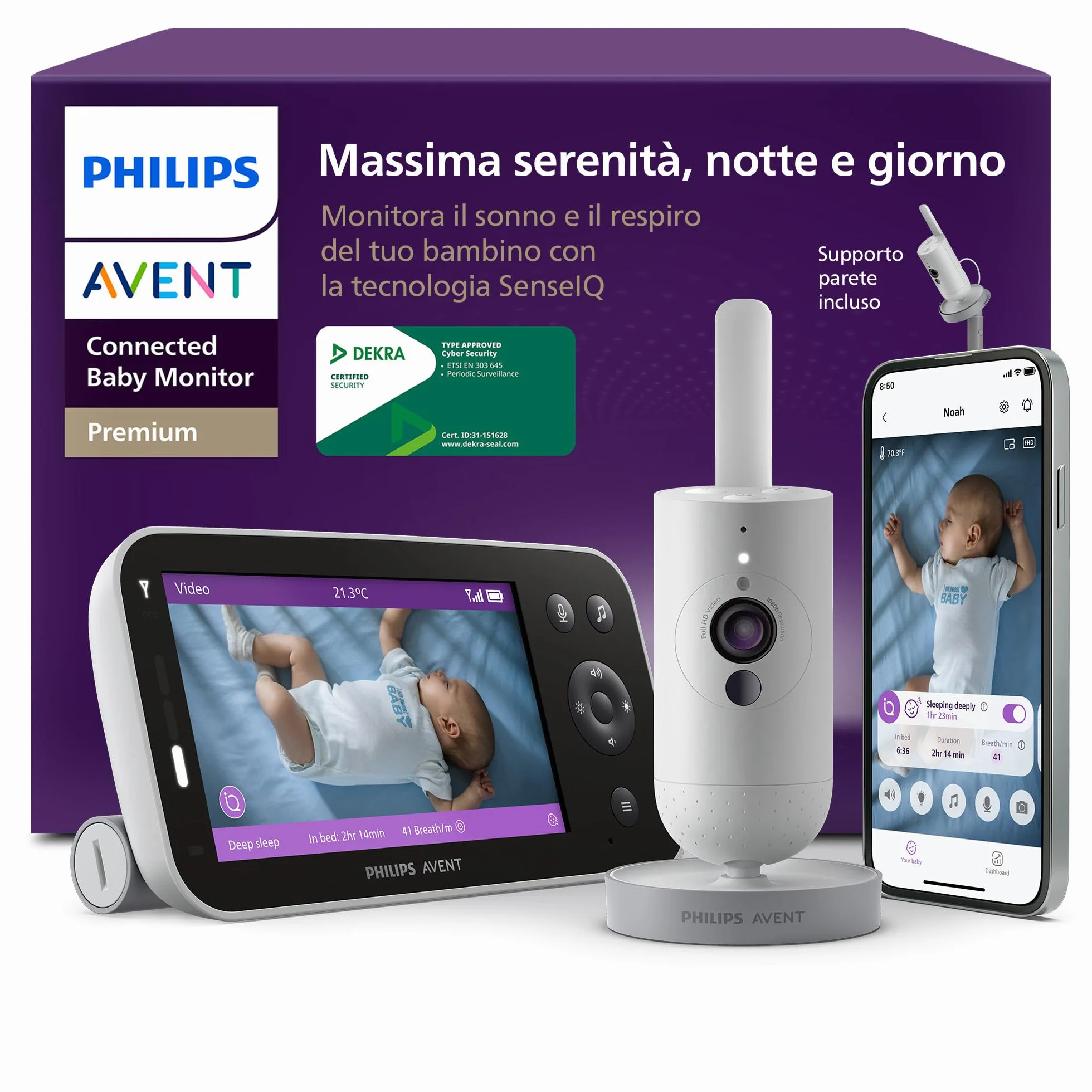 PHILIPS Avent Baby Monitor SCD974/26 HD 1080p videocamera con IA sonno respirazione pianto DEKRA sicurezza