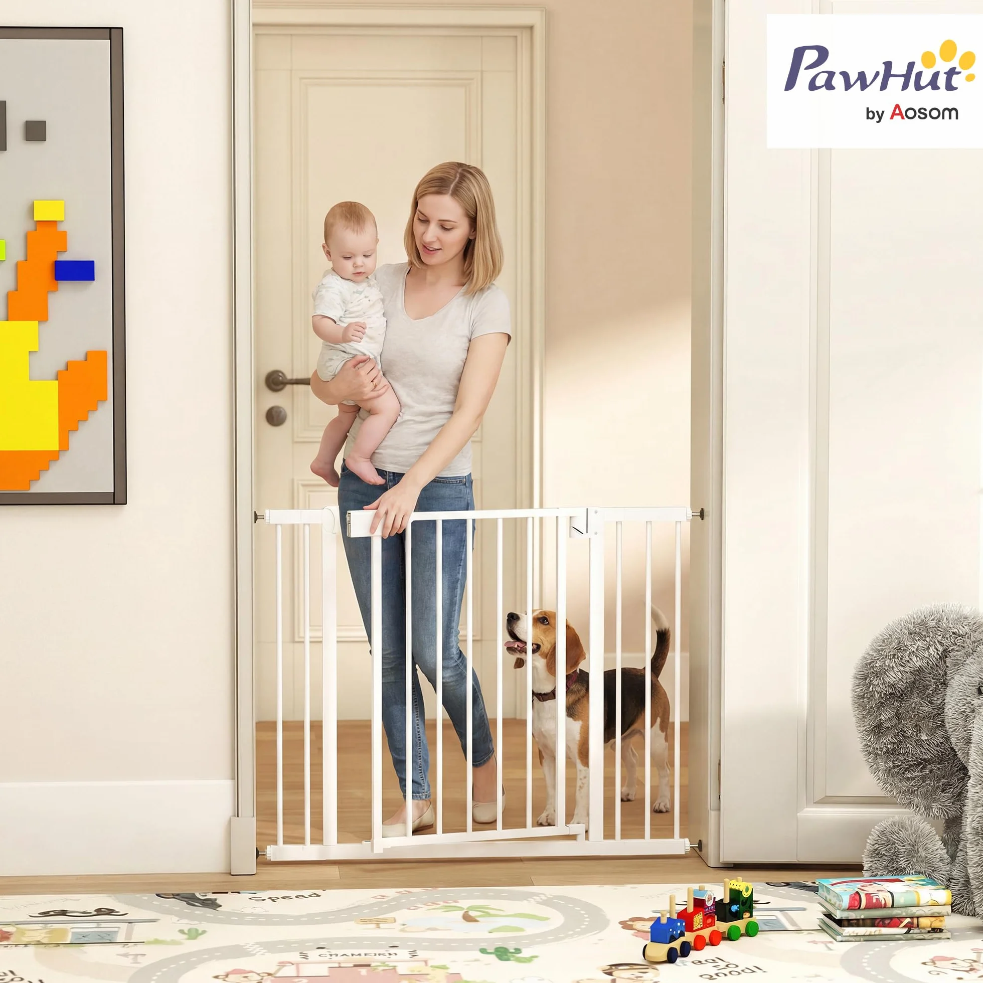 PawHut Cancelletto di Sicurezza per Bambini Cani, Estensibile 76-102 cm, Alto 76 cm, Cancellino per Cani, Scale Porte, Chiusura Automatica, Fissaggio a Pressione Senza Fori, Apertura a Due Vie, Bianco