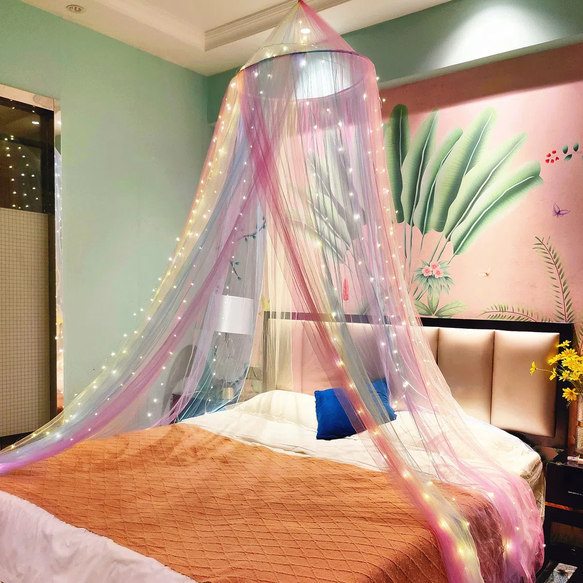 Principessa baldacchino letto con 250pcs luci bianche calde tenda, baldacchino letto arcobaleno per le ragazze camera decorazione o festa a tema unicorno