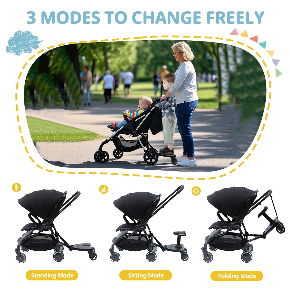 Vihir Pedana Passeggino Universale con Sellino, Tavolette Portatili per Passeggini con Sedile più Ampio e Alto, Buggy Board per bambini di 2-6 anni (25 kg), con Due Cuscinetti Antiscivolo