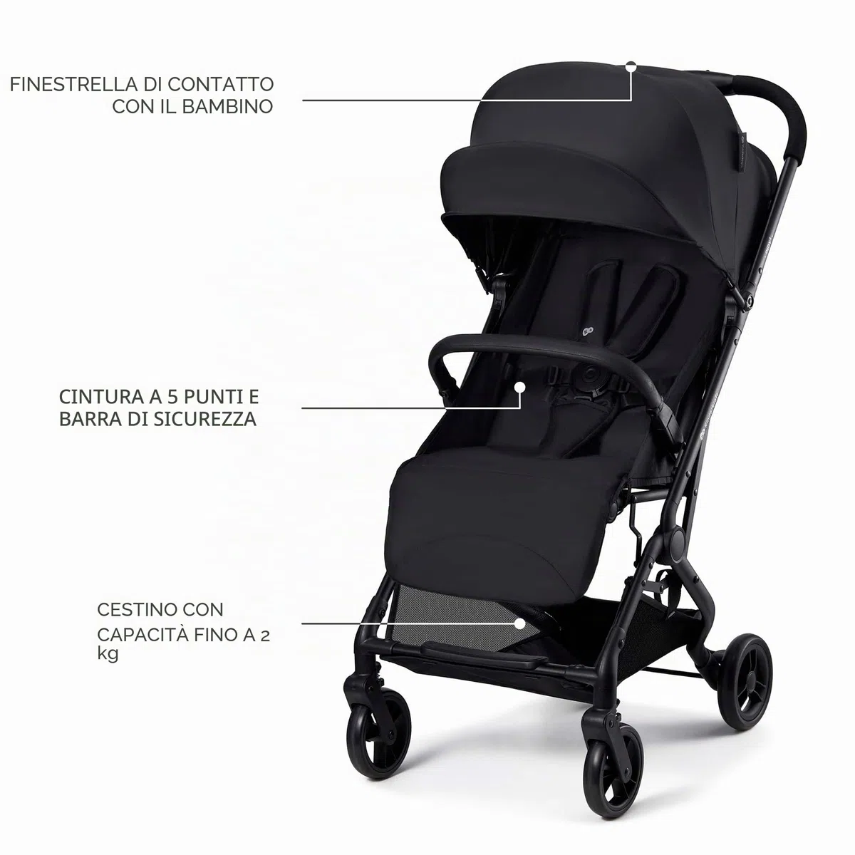Kinderkraft INDY 3 Passeggino Leggero e Compatto, Chiusura con una Mano, Ultraleggero 7,3 kg, Reclinabile, Cinghia per Trasporto, Ruote Resistenti, Ideale per Viaggi e Città, Nero
