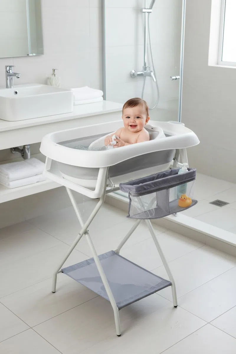 Vaschetta per il bagnetto con telaio 80 cm -Vaschetta per il bagnetto con supporto Sicura per il bambino(Grau mit Badewannenablage)