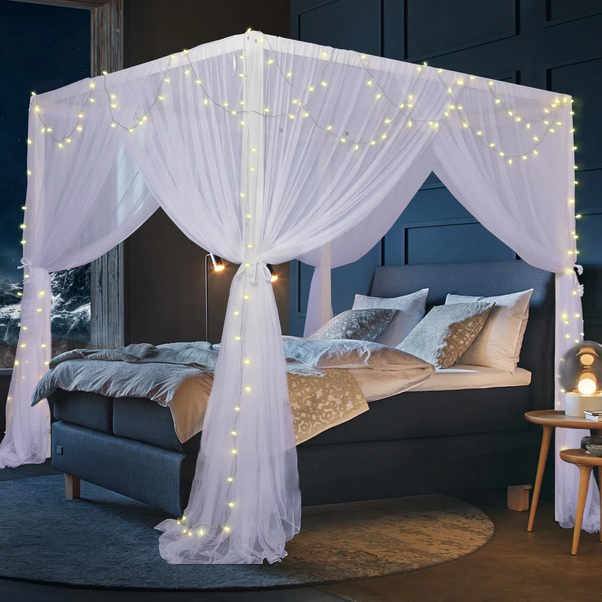 South To East Tende da letto a baldacchino a 4 angoli per adulti, zanzariera per letto, lussuose tende da letto per la decorazione della camera, in poliestere antistrappo, facili da installare